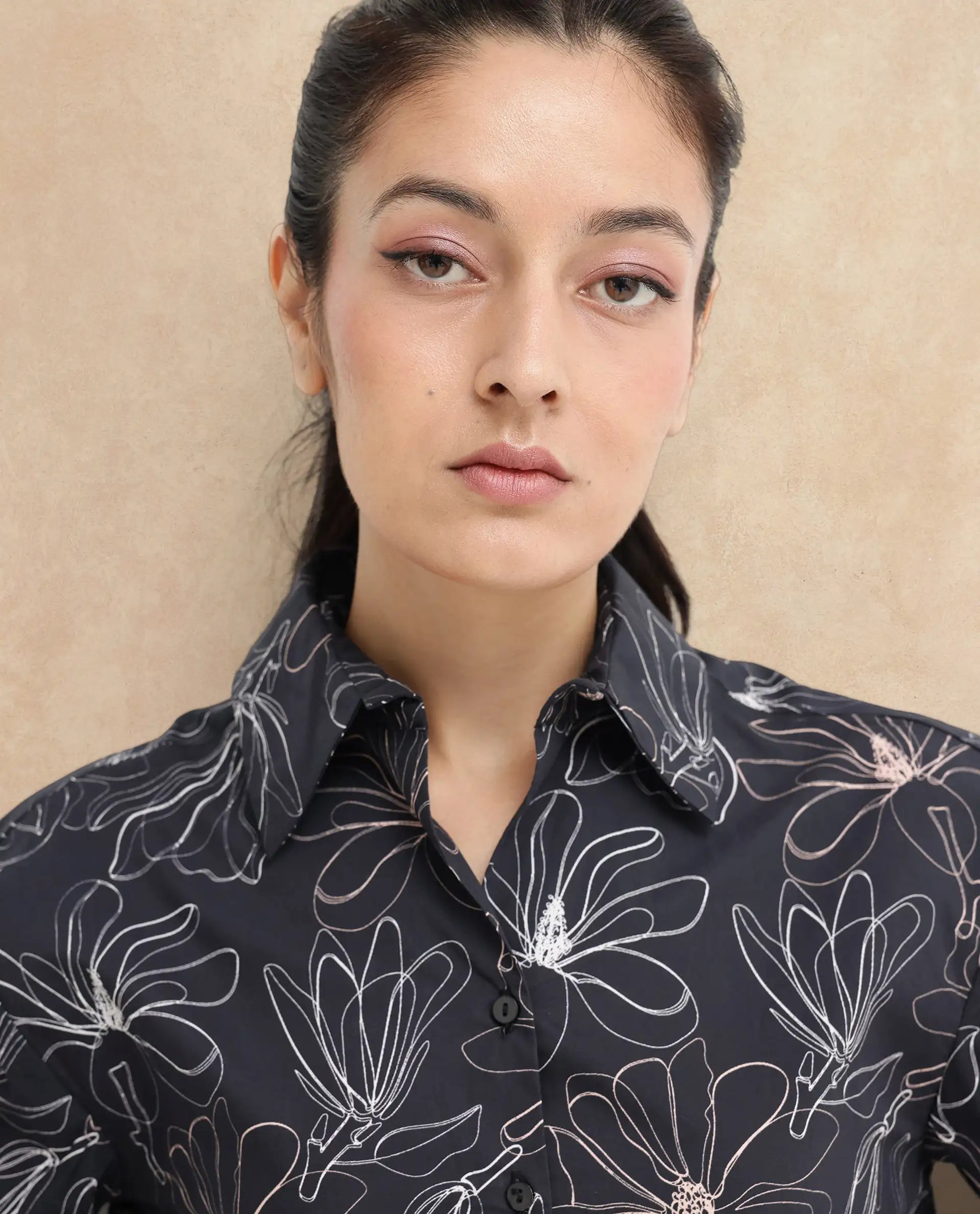 Rareism Women's Reynosa Black Cotton Johnny Collar Floral Print Bishop Sleeve Crop Regular Fit Top