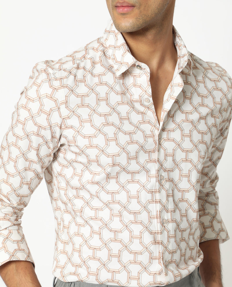 Rare Rabbit Men's Rhone Beige Cotton Viscose Fabric Geometric Print Full Sleeves Shirt