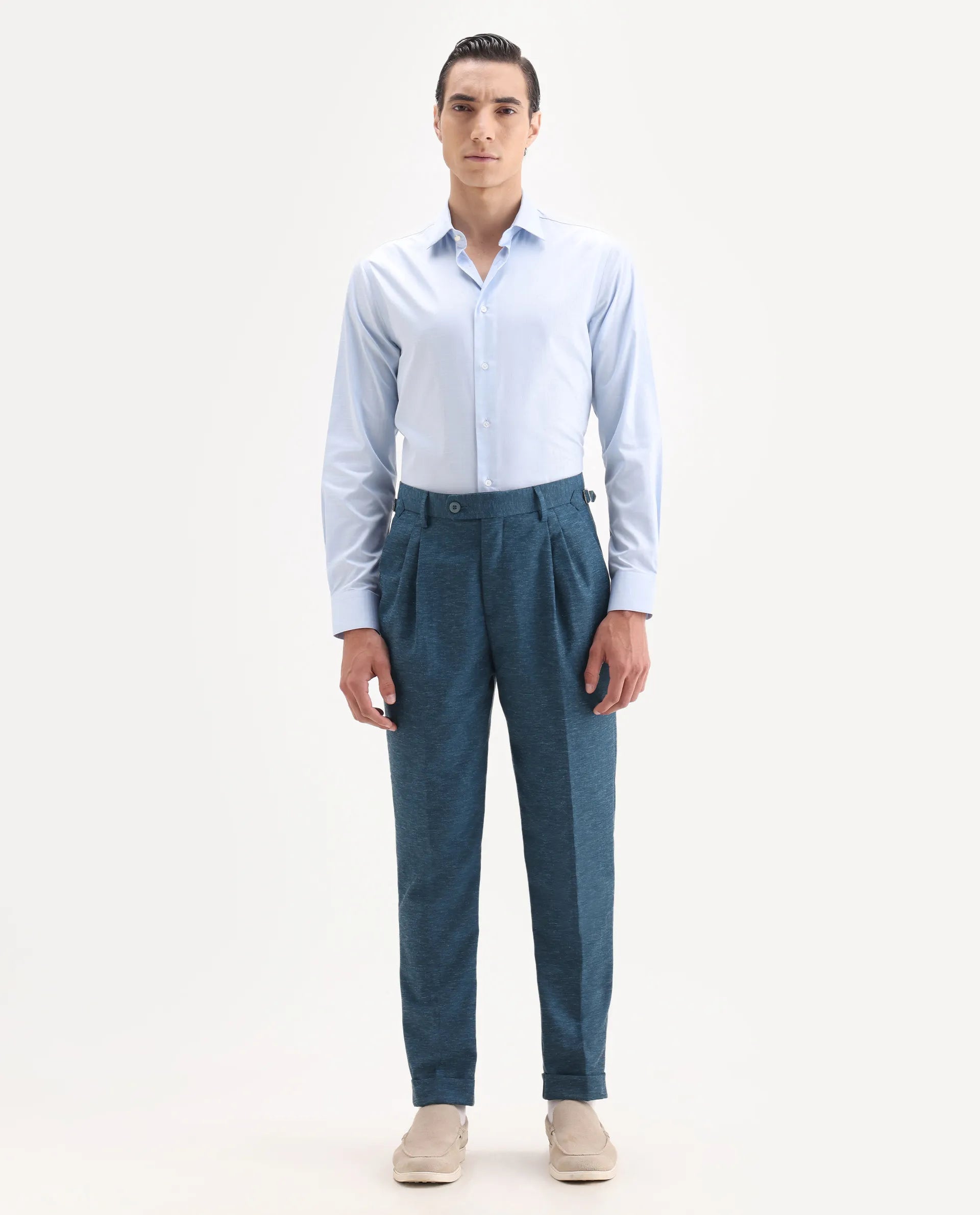 Rare Rabbit Men's Rhesa Dark Teal Linen Blend Plain Relaxed Fit Trouser