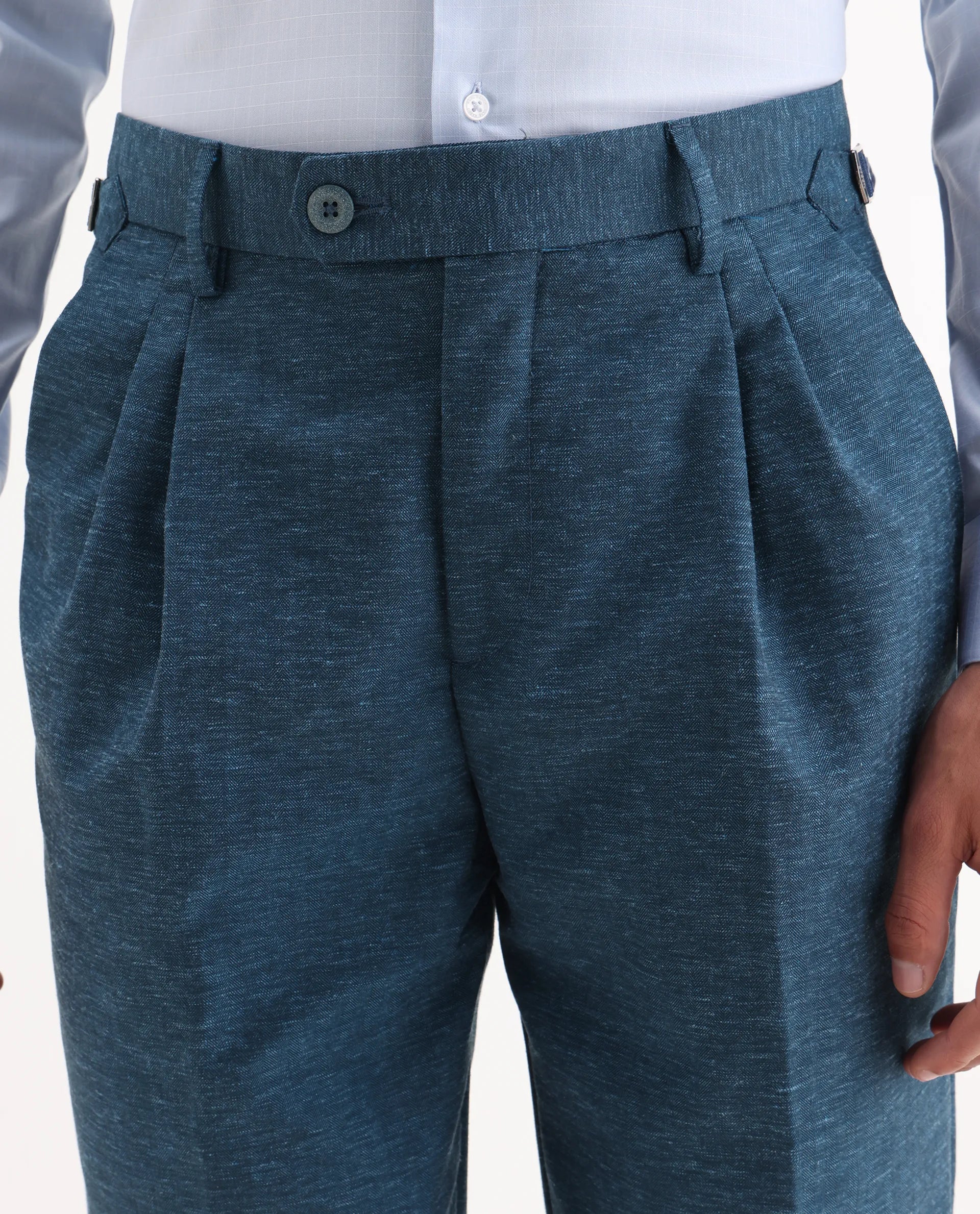 Rare Rabbit Men's Rhesa Dark Teal Linen Blend Plain Relaxed Fit Trouser