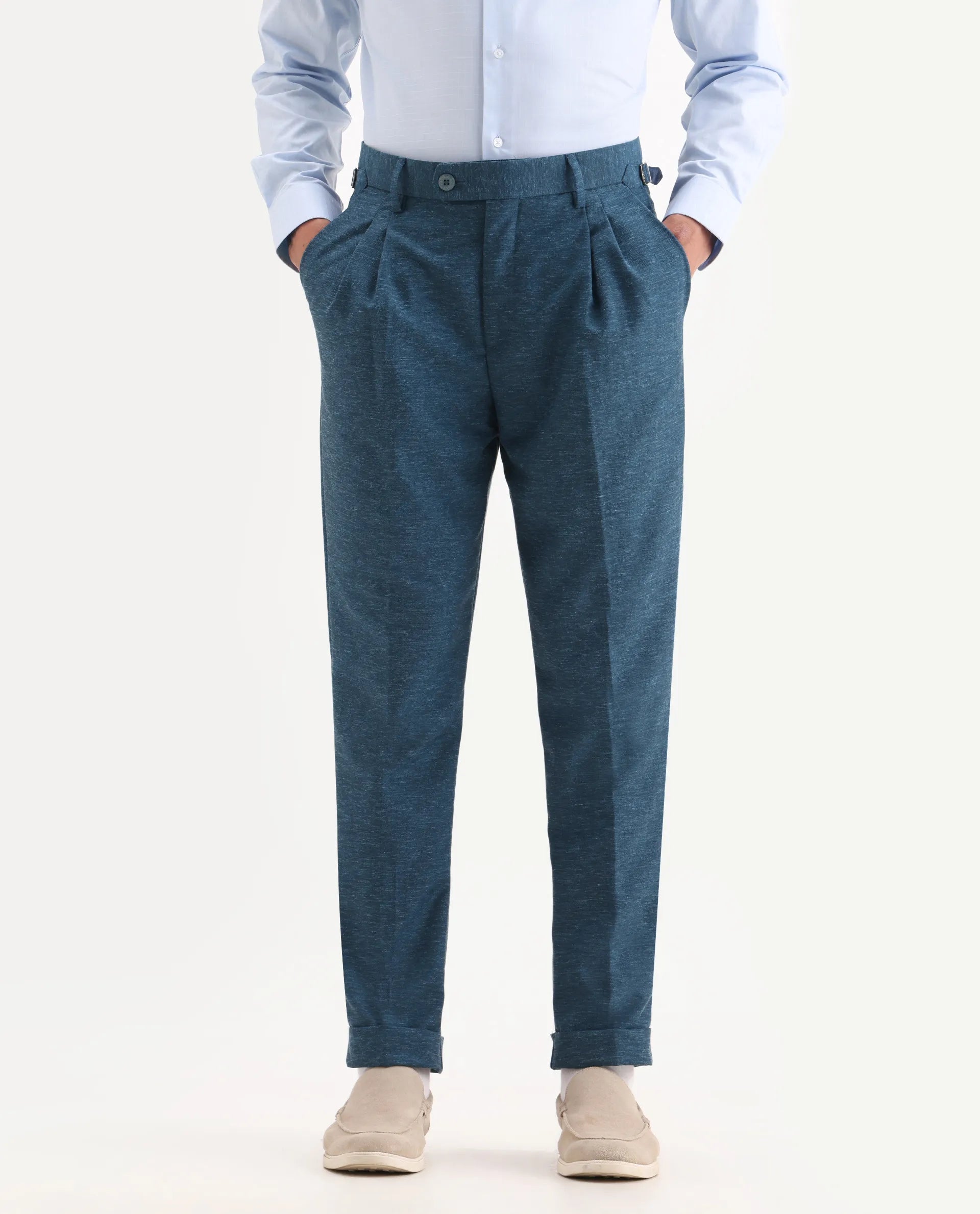 Rare Rabbit Men's Rhesa Dark Teal Linen Blend Plain Relaxed Fit Trouser