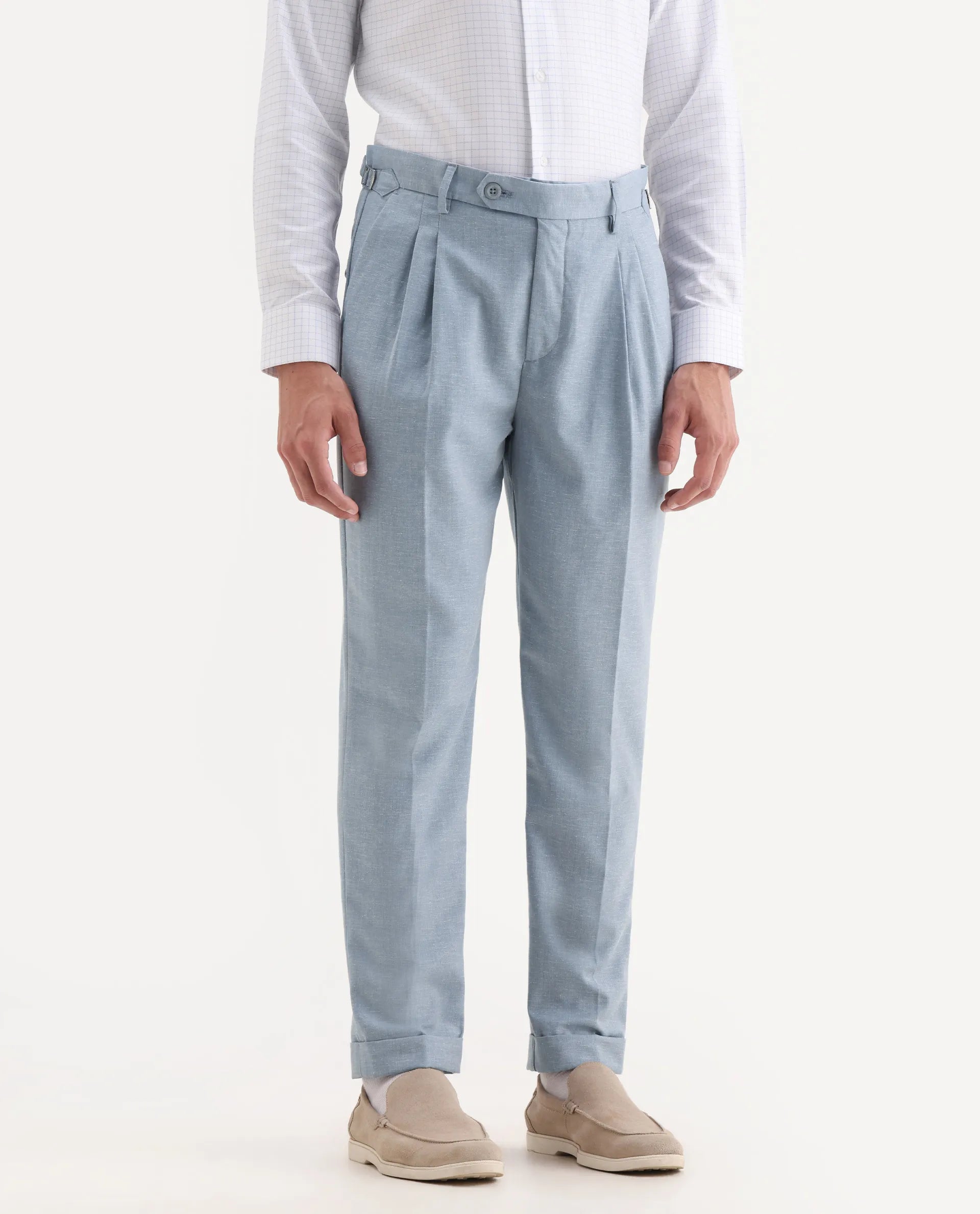 Rare Rabbit Men's Rhesa Light Blue Linen Blend Plain Relaxed Fit Trouser