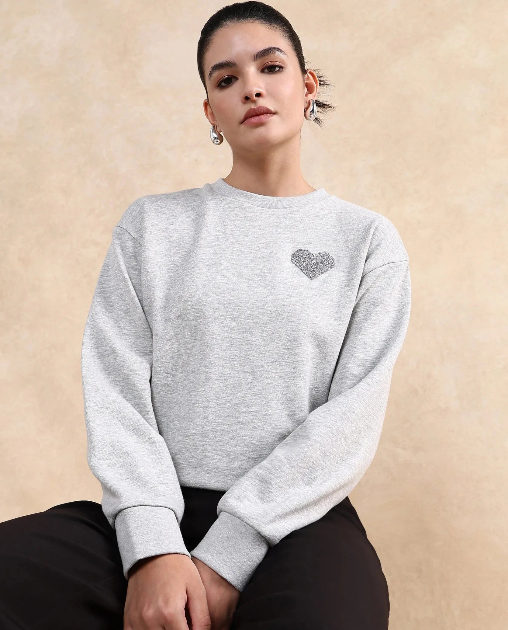 Rareism Women Rhink Melange Grey Cotton Blend Fabric Full Sleeve Hoode