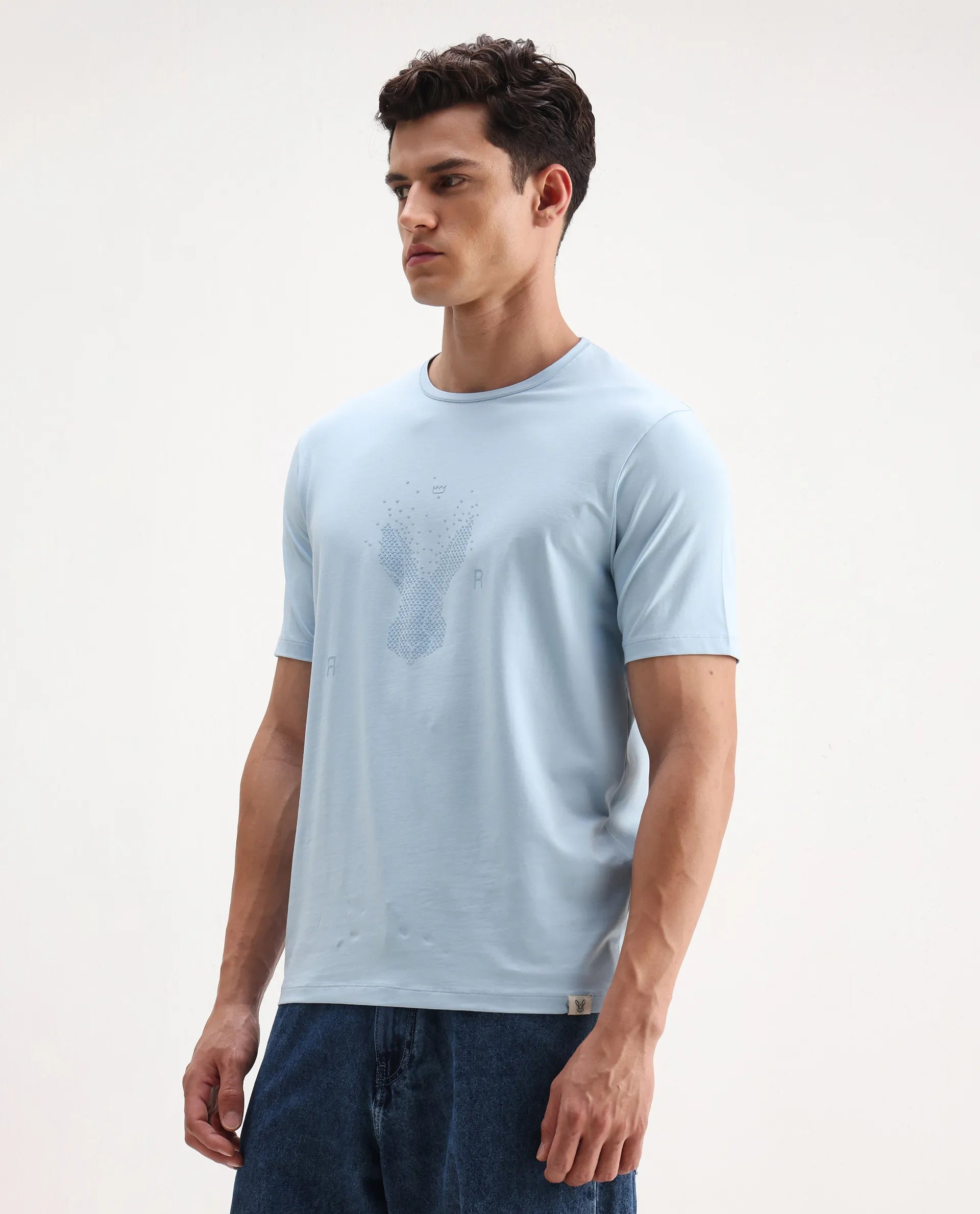 Rare Rabbit Men's Rhod Light Blue Cotton Blend Graphic Print Regular Fit Half Sleeve Crew Neck T-Shirt