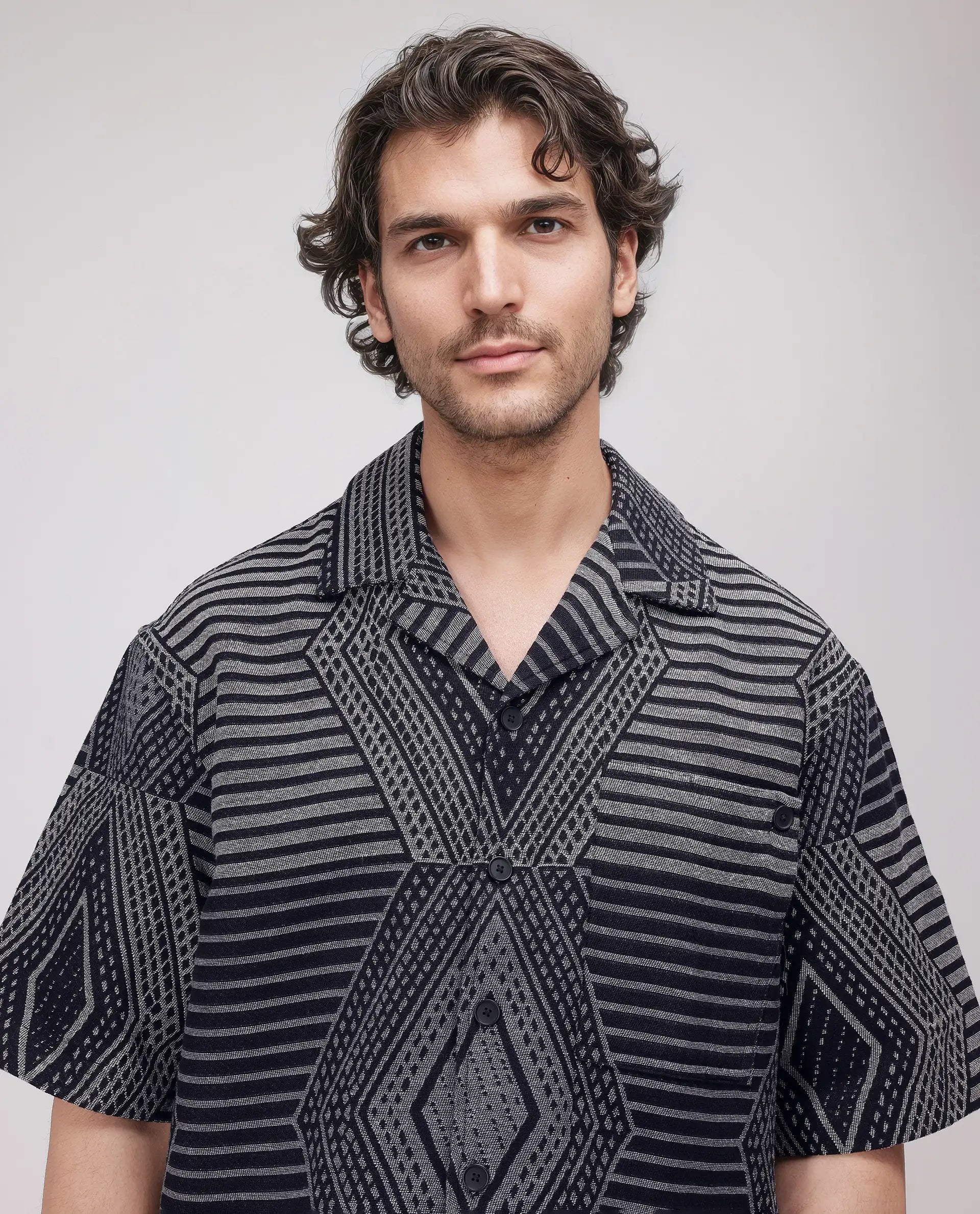 Rare Rabbit Men's Rhom Dark Navy Cotton Jacquard Oversized Fit Half Sleeve Cuban Collar Shirt