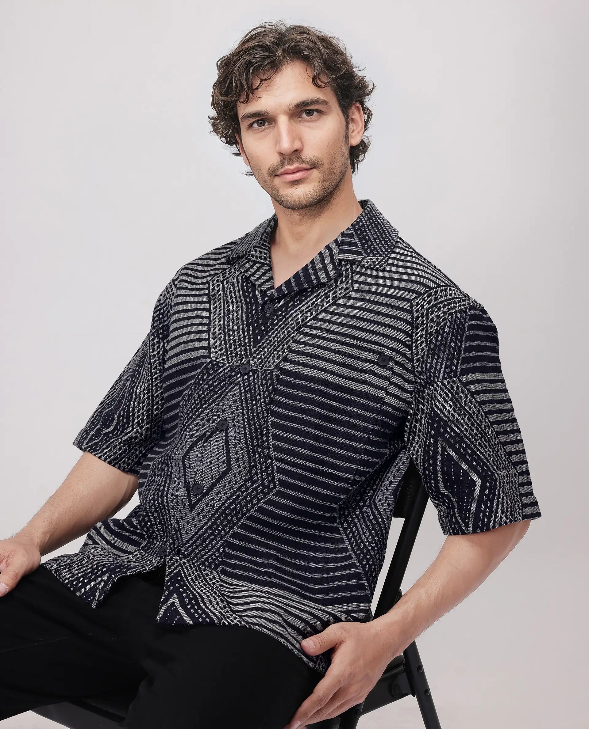 Rare Rabbit Men's Rhom Dark Navy Cotton Jacquard Oversized Fit Half Sleeve Cuban Collar Shirt