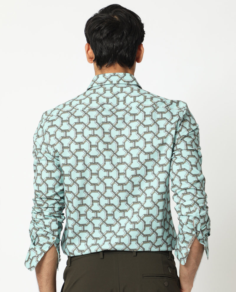 Rare Rabbit Men's Rhone Light Blue Cotton Viscose Fabric Geometric Print Full Sleeves Shirt