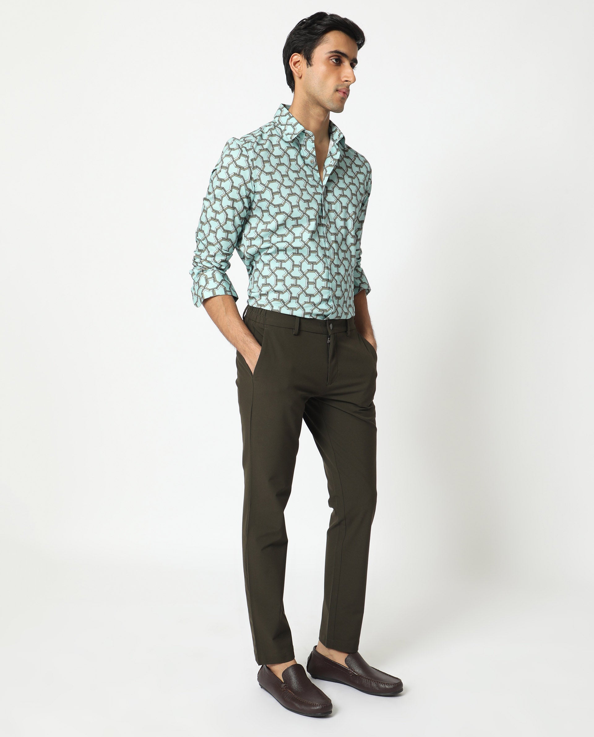 Rare Rabbit Men's Rhone Light Blue Cotton Viscose Fabric Geometric Print Full Sleeves Shirt