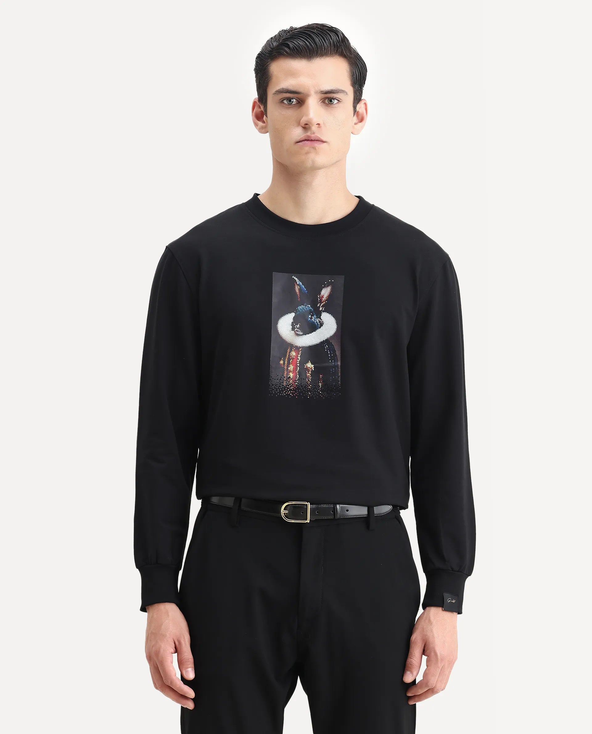 Rare Rabbit Men's Rib Black Cotton Plain Regular Fit Full Sleeve Crew Neck Sweatshirt