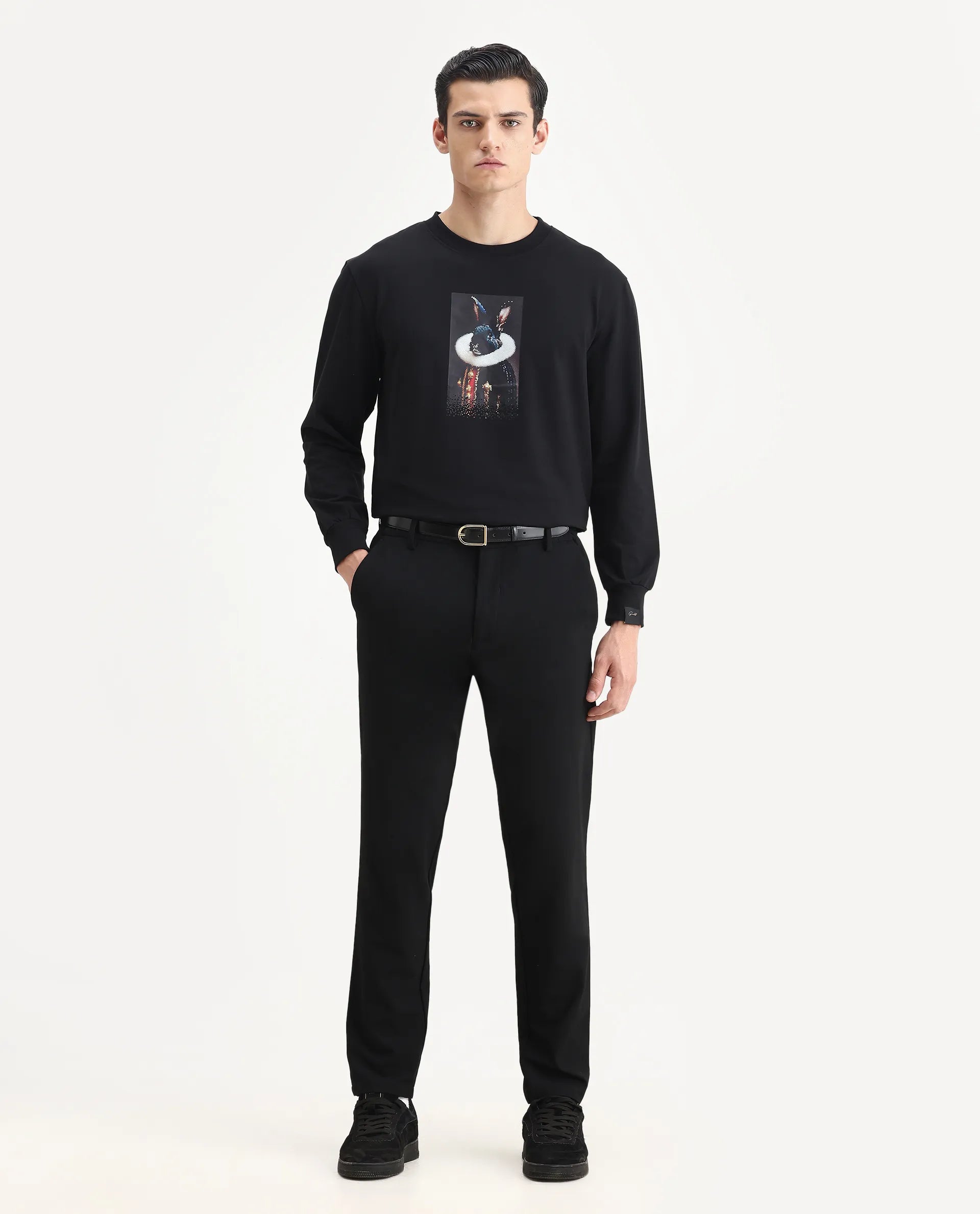 Rare Rabbit Men's Rib Black Cotton Plain Regular Fit Full Sleeve Crew Neck Sweatshirt