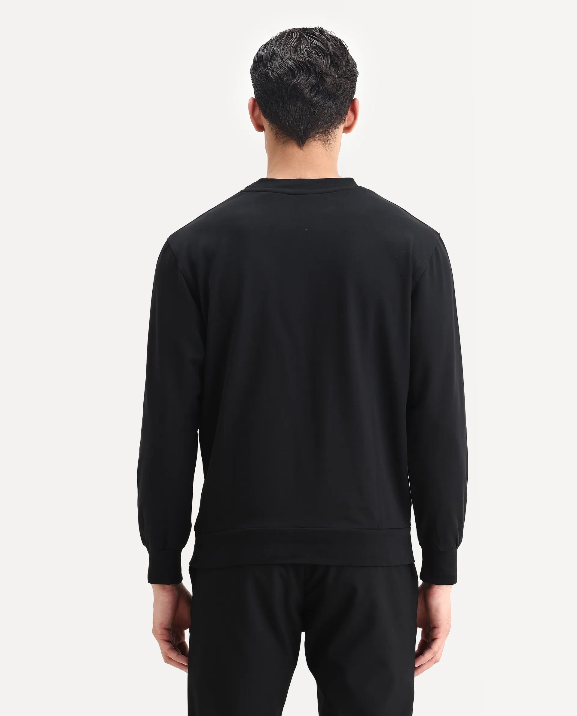 Rare Rabbit Men's Rib Black Cotton Plain Regular Fit Full Sleeve Crew Neck Sweatshirt