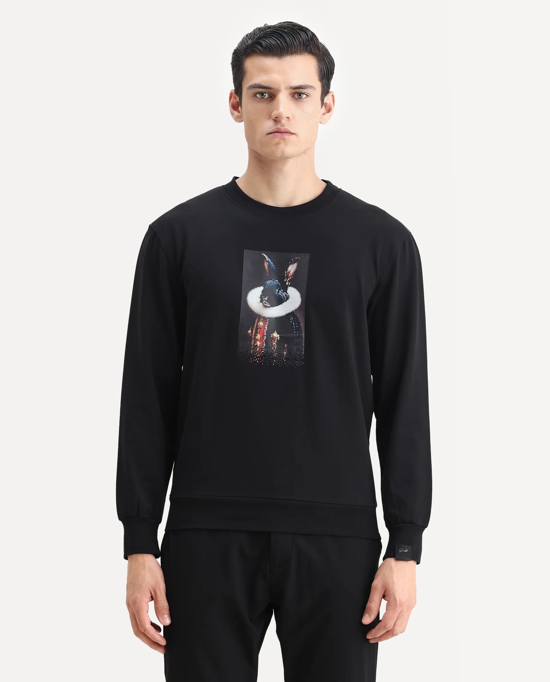 Rare Rabbit Men's Rib Black Cotton Plain Regular Fit Full Sleeve Crew Neck Sweatshirt