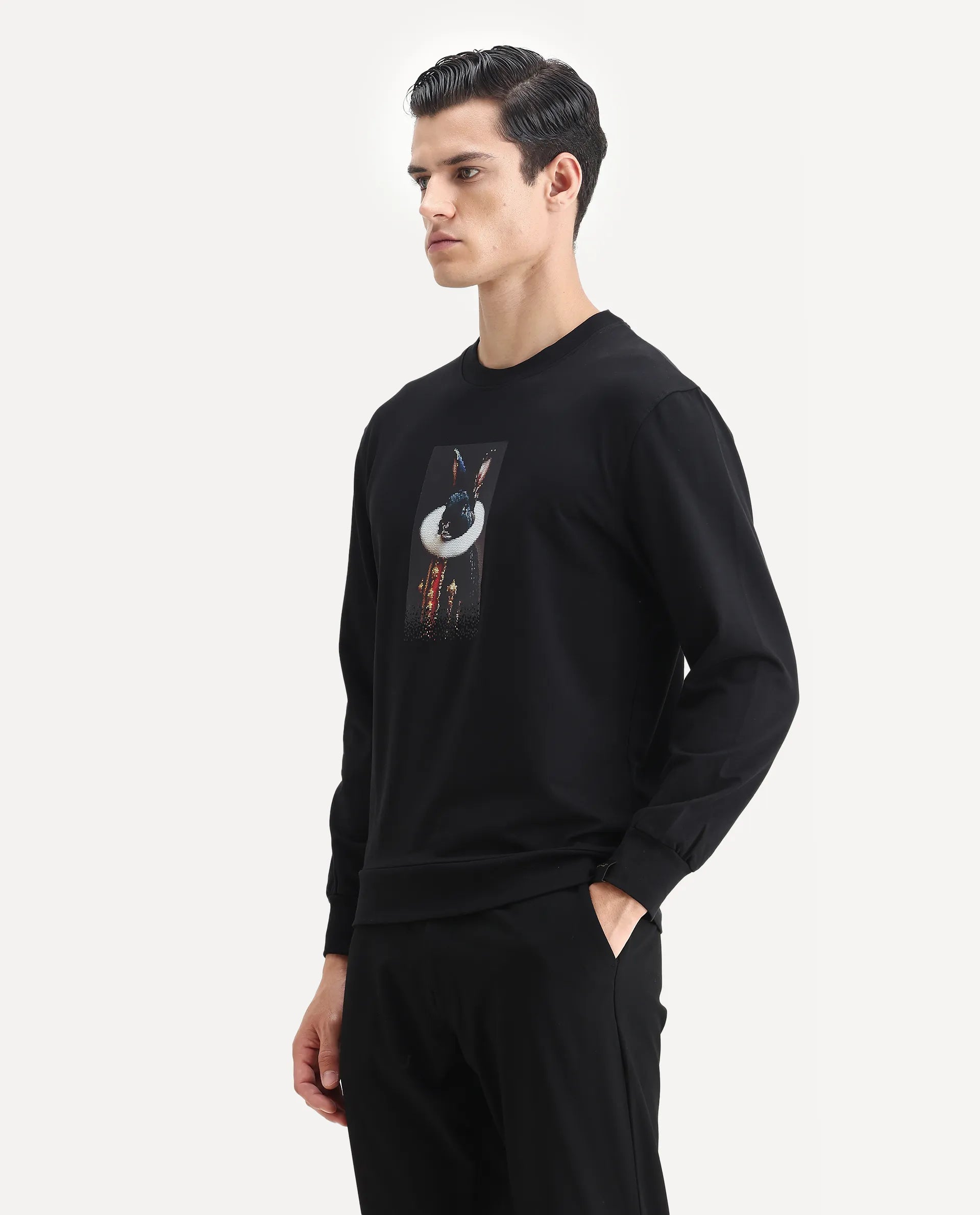 Rare Rabbit Men's Rib Black Cotton Plain Regular Fit Full Sleeve Crew Neck Sweatshirt