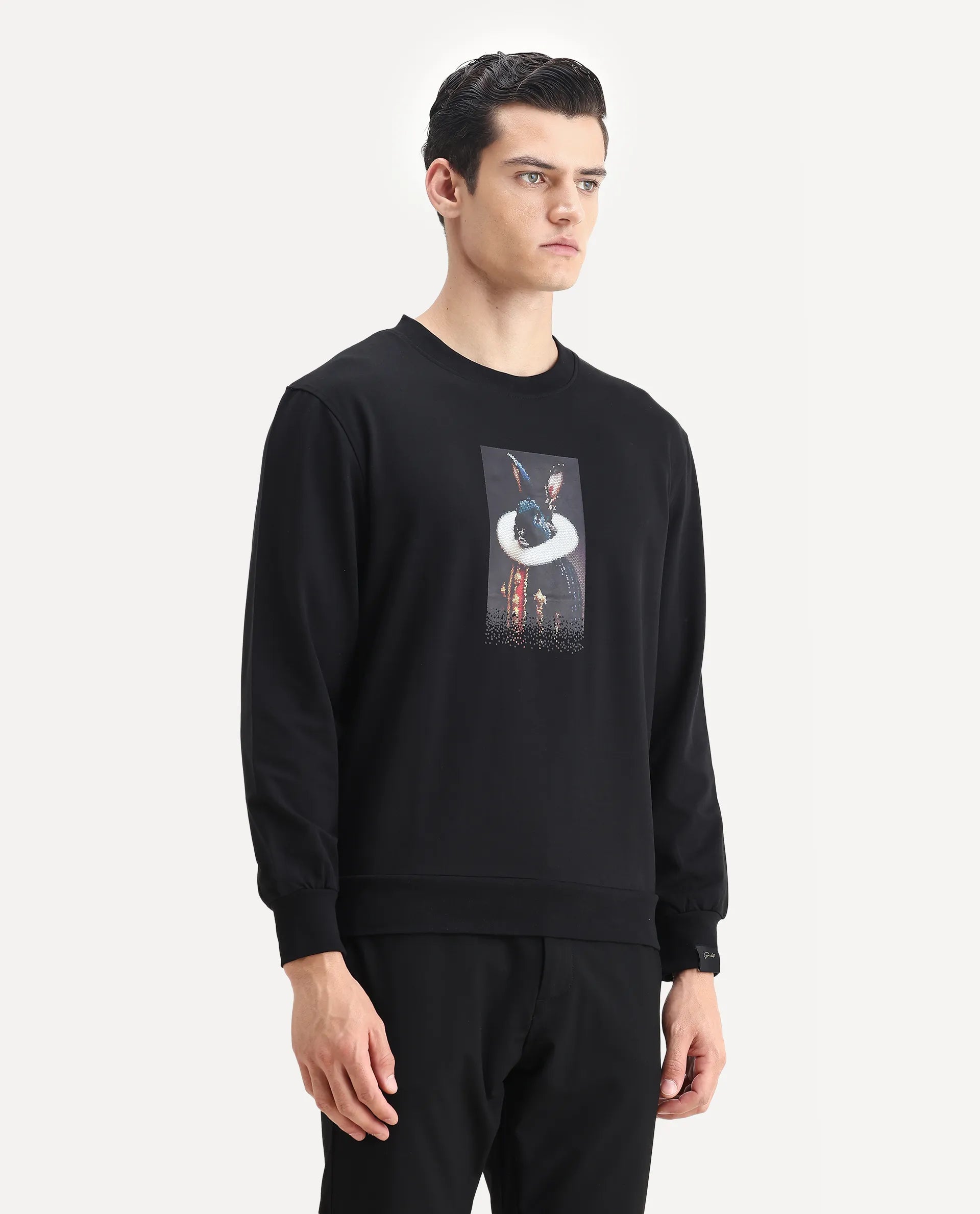 Rare Rabbit Men's Rib Black Cotton Plain Regular Fit Full Sleeve Crew Neck Sweatshirt