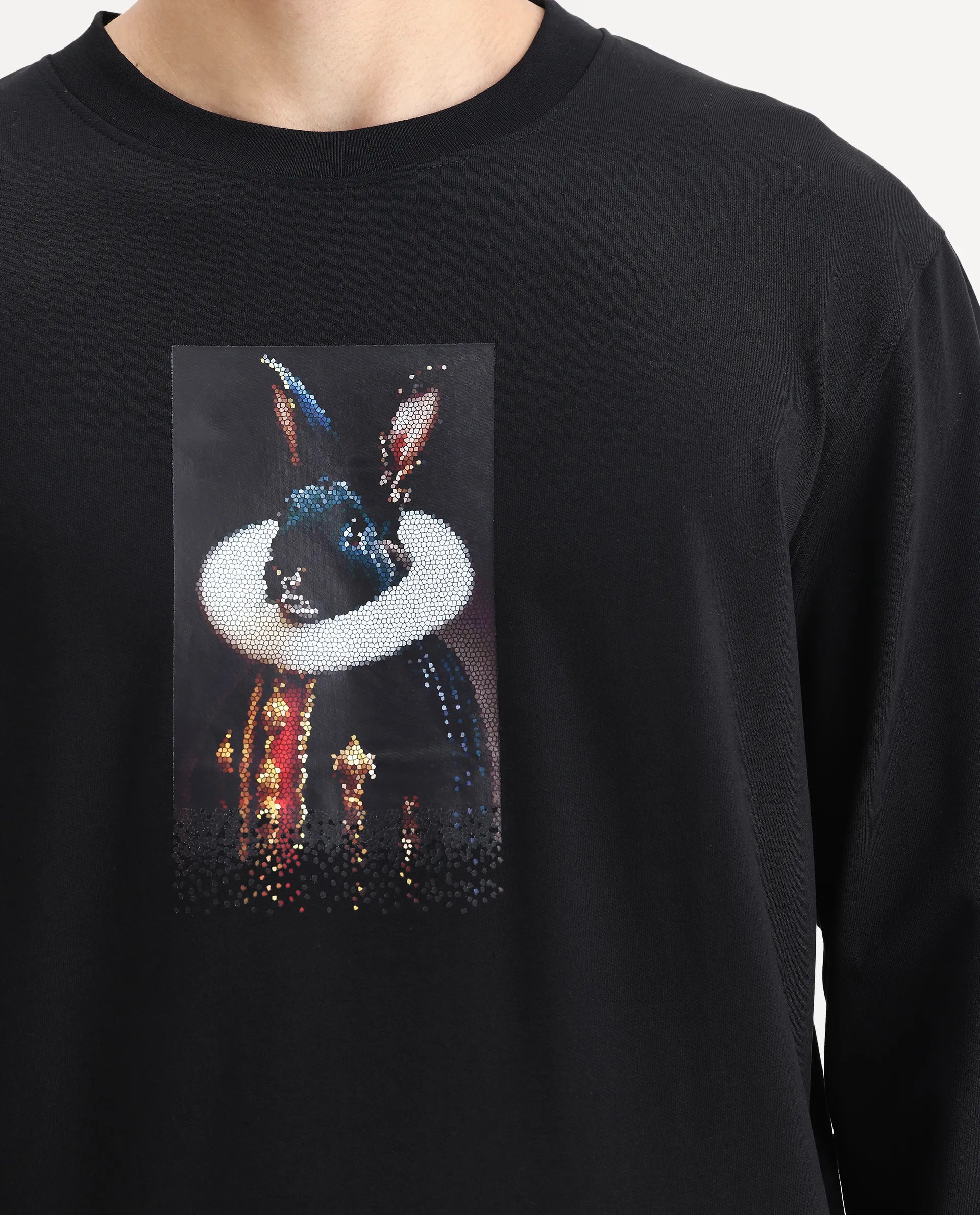 Rare Rabbit Men's Rib Black Cotton Plain Regular Fit Full Sleeve Crew Neck Sweatshirt