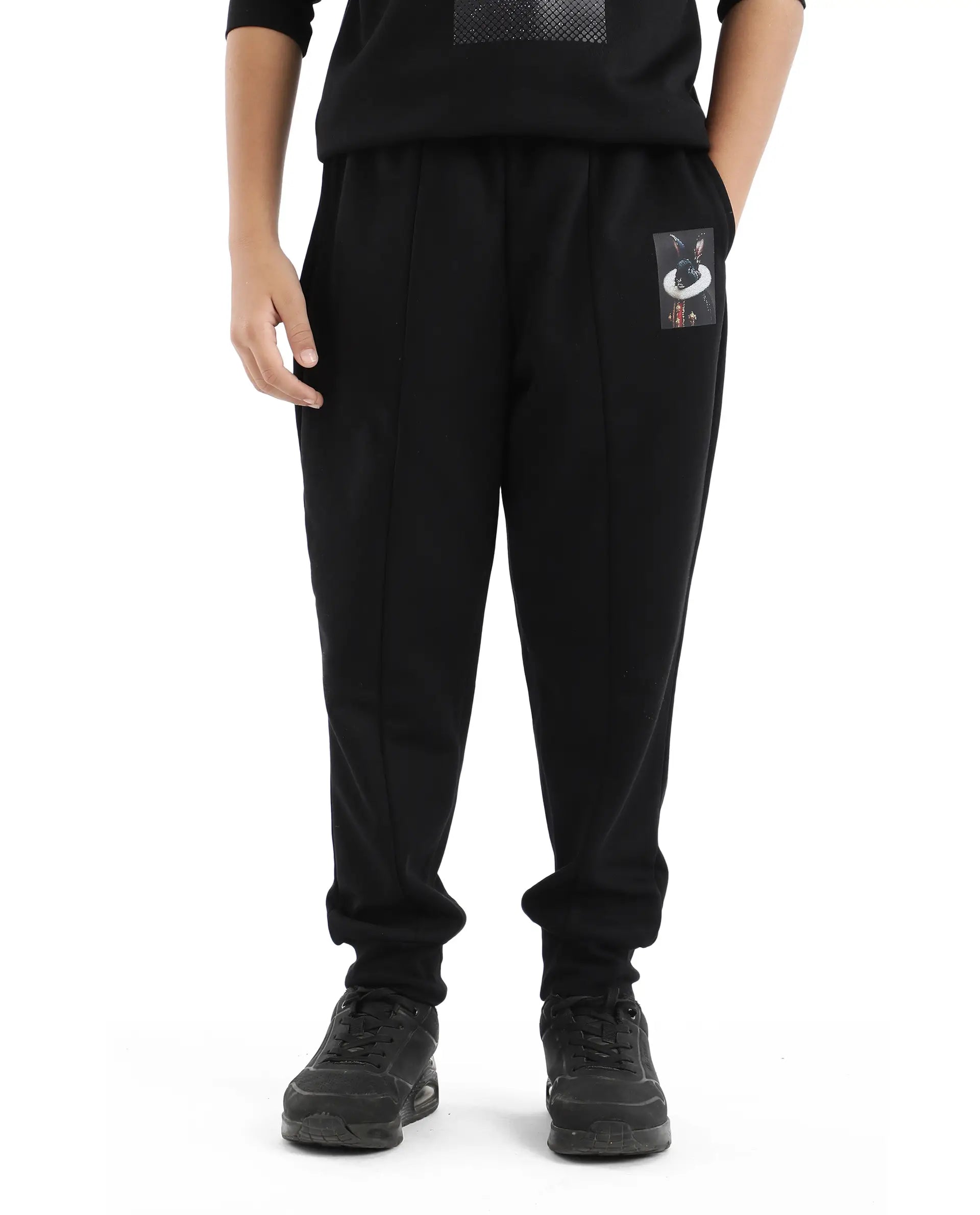 Rare Ones Kids Rib Black Cotton Cmyk Print Trackpant