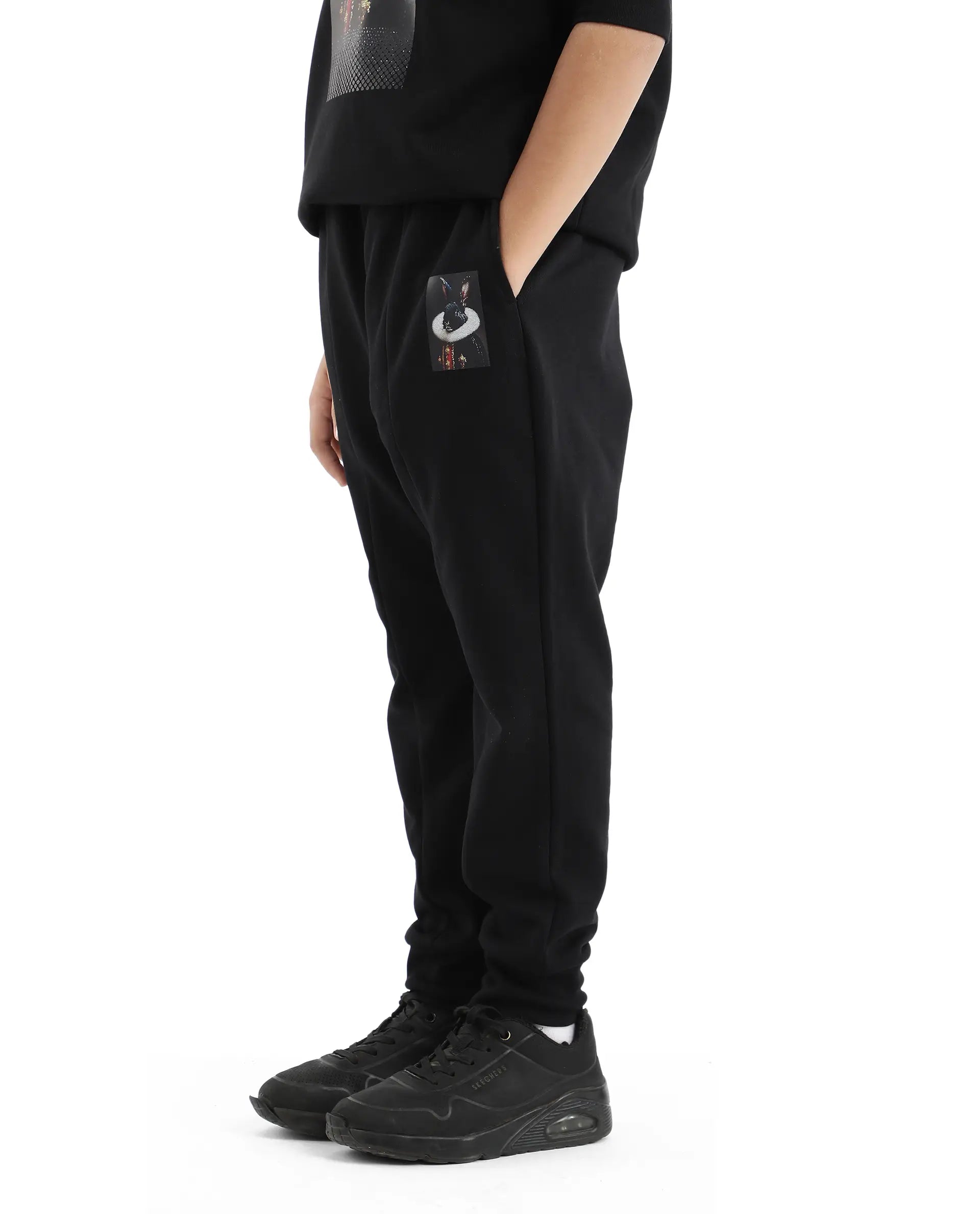 Rare Ones Kids Rib Black Cotton Cmyk Print Trackpant