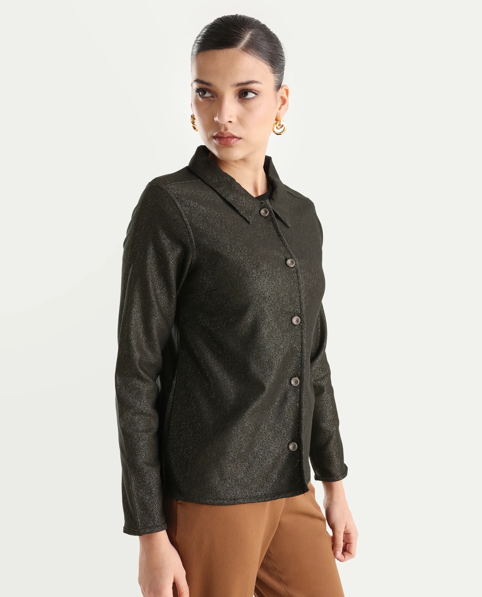 Rareism Women's Ribok Black Polyester Drop Collar Jacquard Regular Fit Jacket