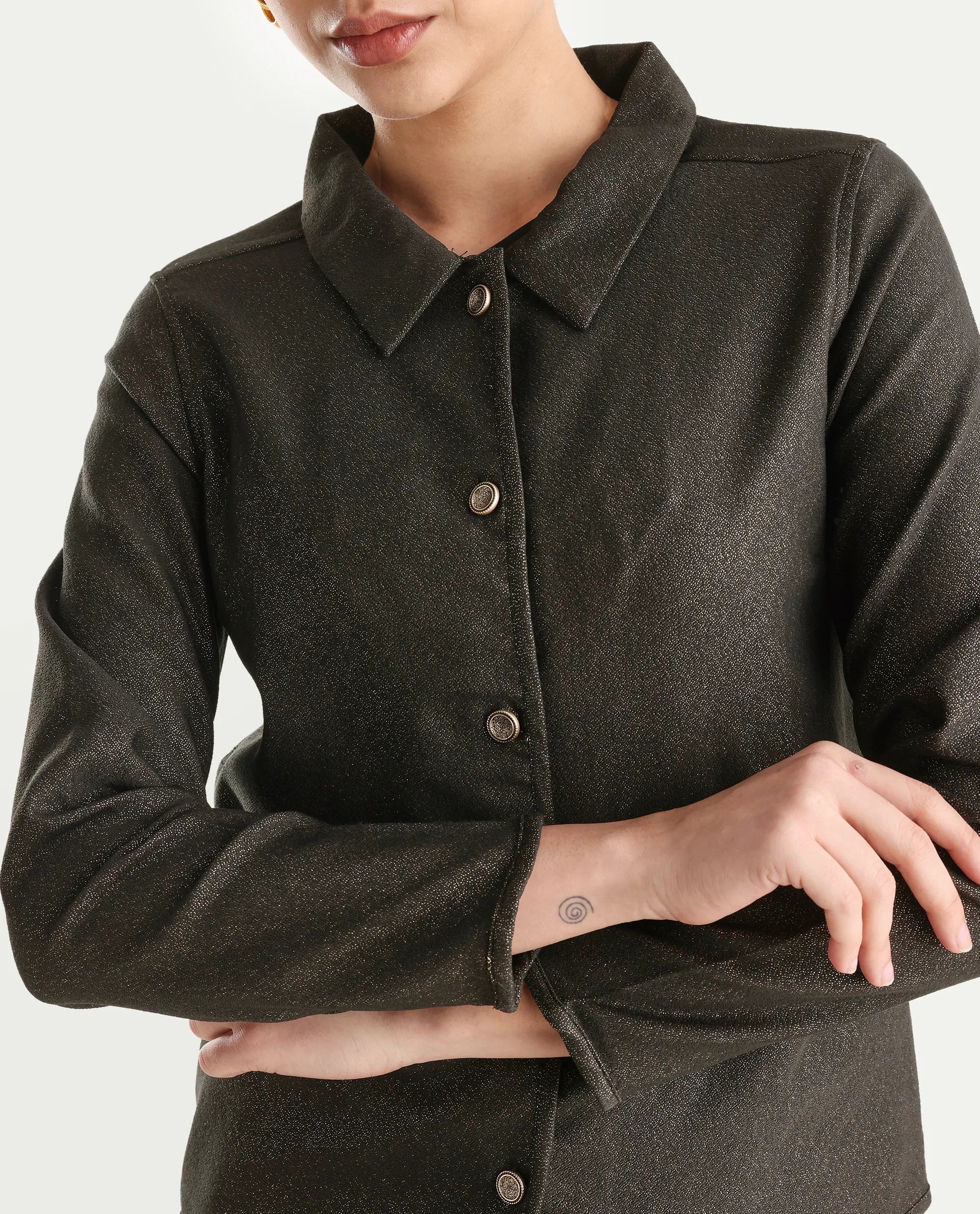 Rareism Women's Ribok Black Polyester Drop Collar Jacquard Regular Fit Jacket