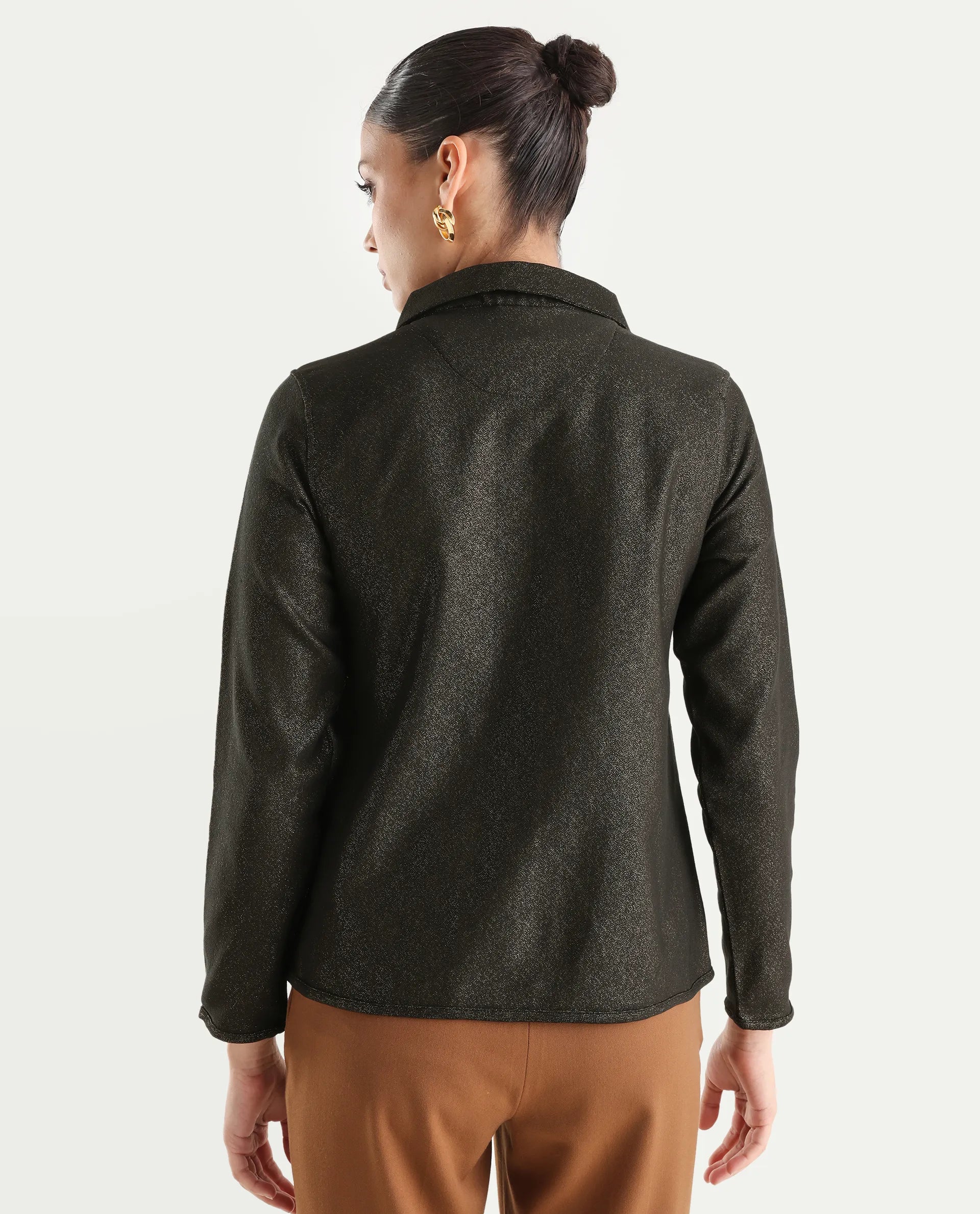 Rareism Women's Ribok Black Polyester Drop Collar Jacquard Regular Fit Jacket