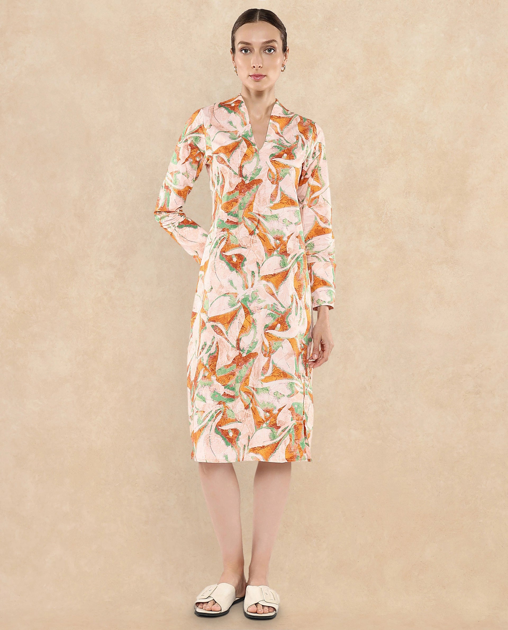 Rareism Women's Ricato Multi Cotton Fabric V-Neck  Cuffed Sleeve Abstract A-Line Midi Dress