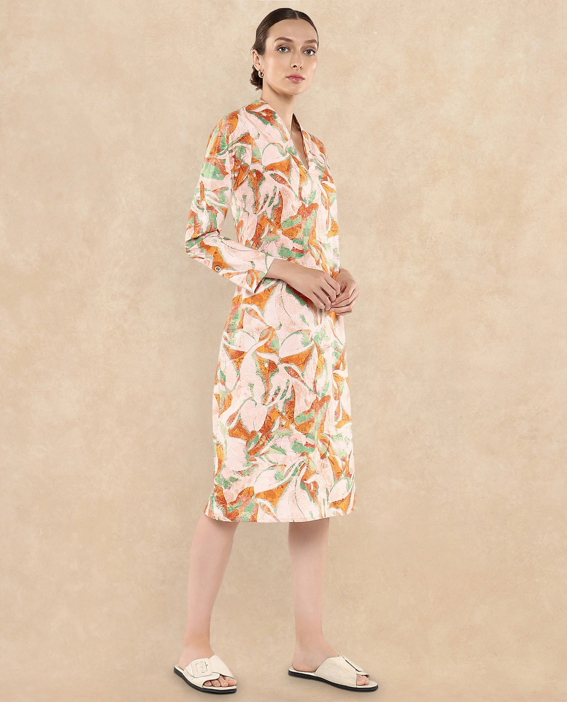 Rareism Women's Ricato Multi Cotton Fabric V-Neck  Cuffed Sleeve Abstract A-Line Midi Dress