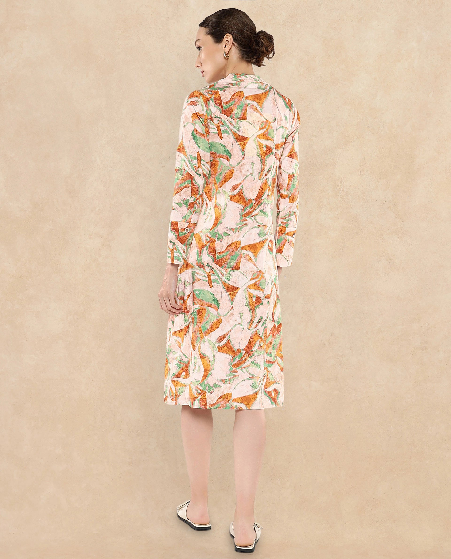 Rareism Women's Ricato Multi Cotton Fabric V-Neck  Cuffed Sleeve Abstract A-Line Midi Dress