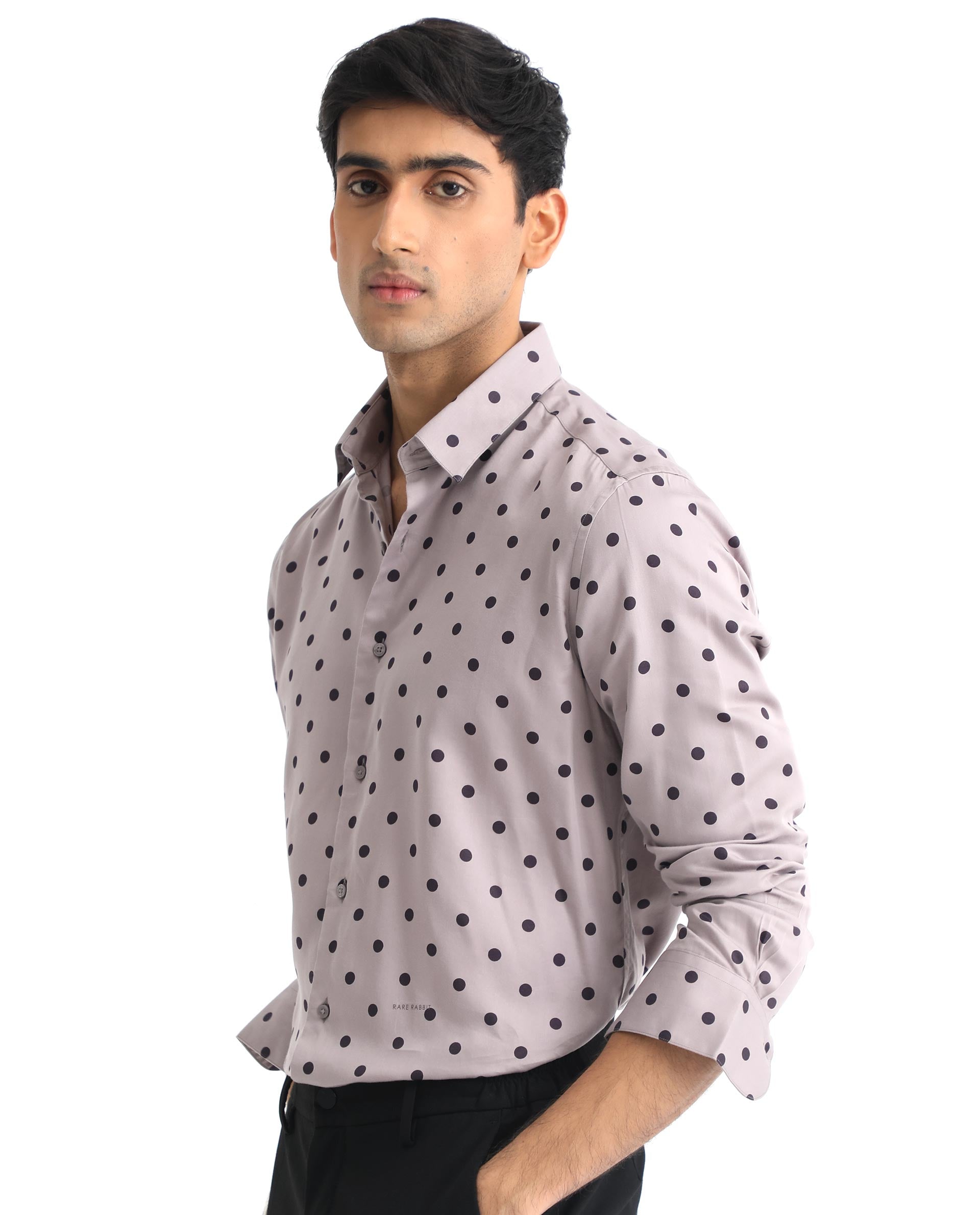 Rare Rabbit Men's Rish Pastel Purple Cotton Modal Fabric Polka Print Full Sleeves Shirt