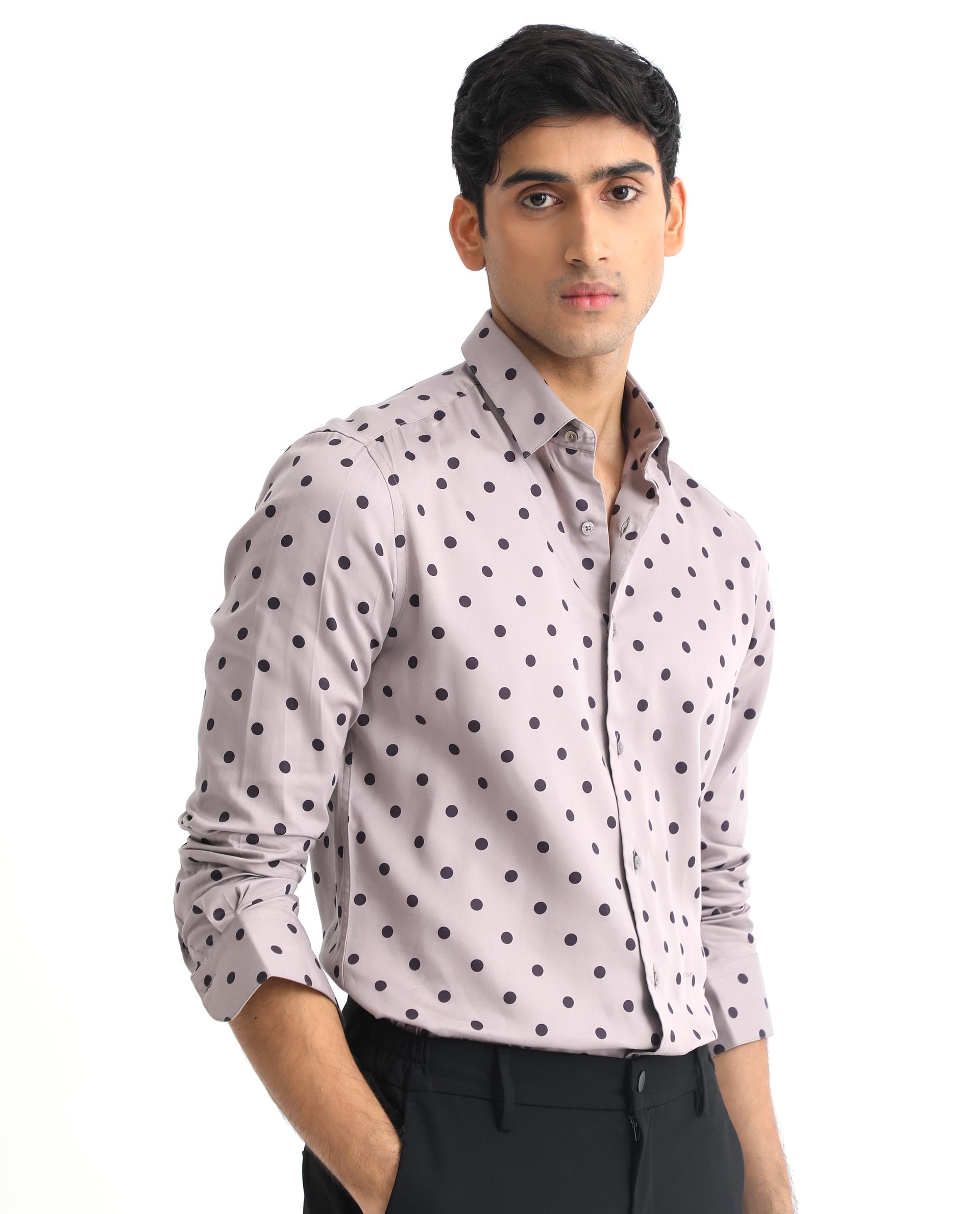 Rare Rabbit Men's Rish Pastel Purple Cotton Modal Fabric Polka Print Full Sleeves Shirt