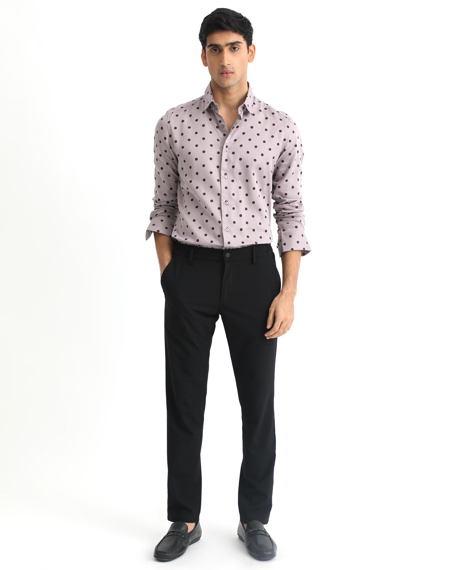 Rare Rabbit Men's Rish Pastel Purple Cotton Modal Fabric Polka Print Full Sleeves Shirt