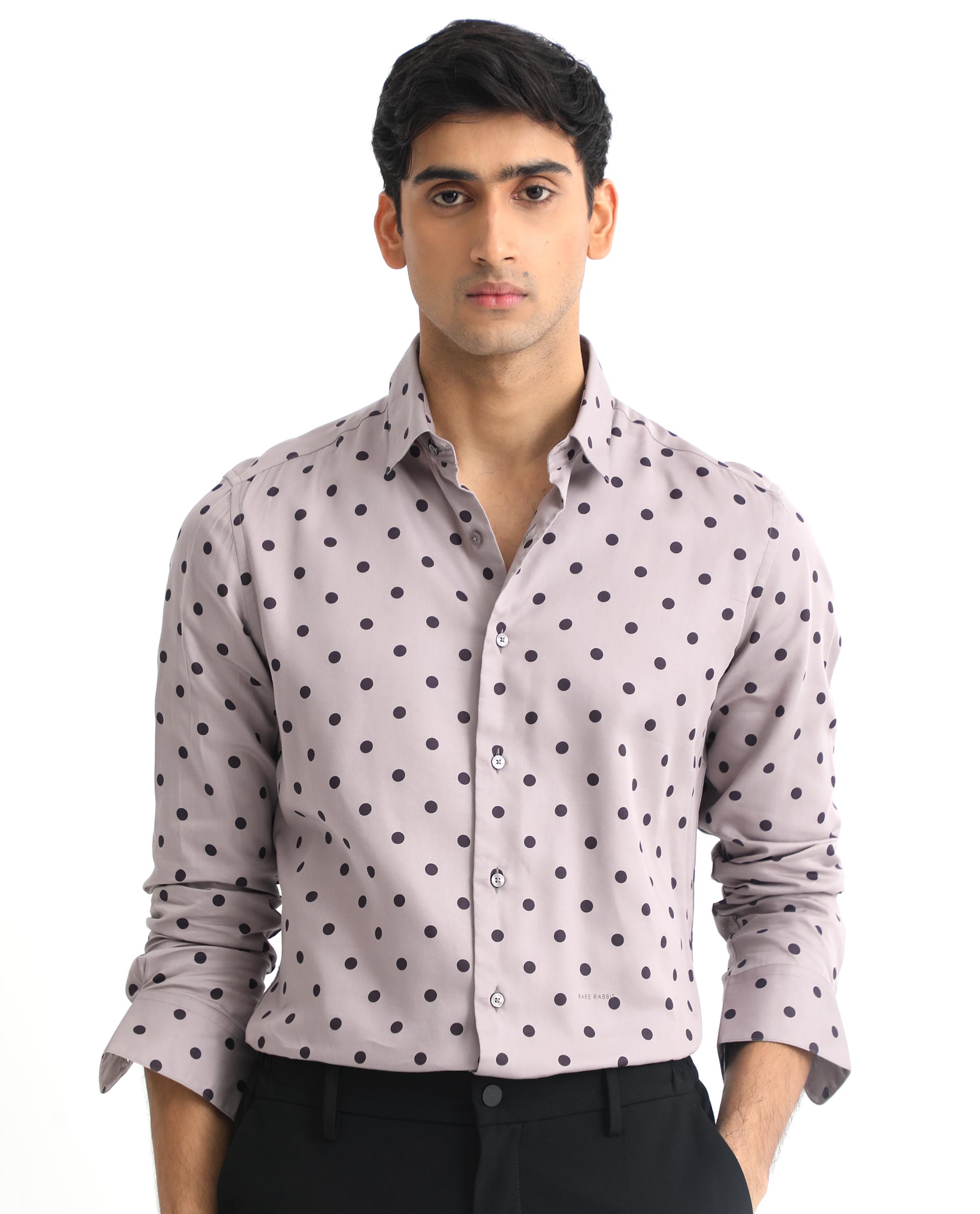 Rare Rabbit Men's Rish Pastel Purple Cotton Modal Fabric Polka Print Full Sleeves Shirt