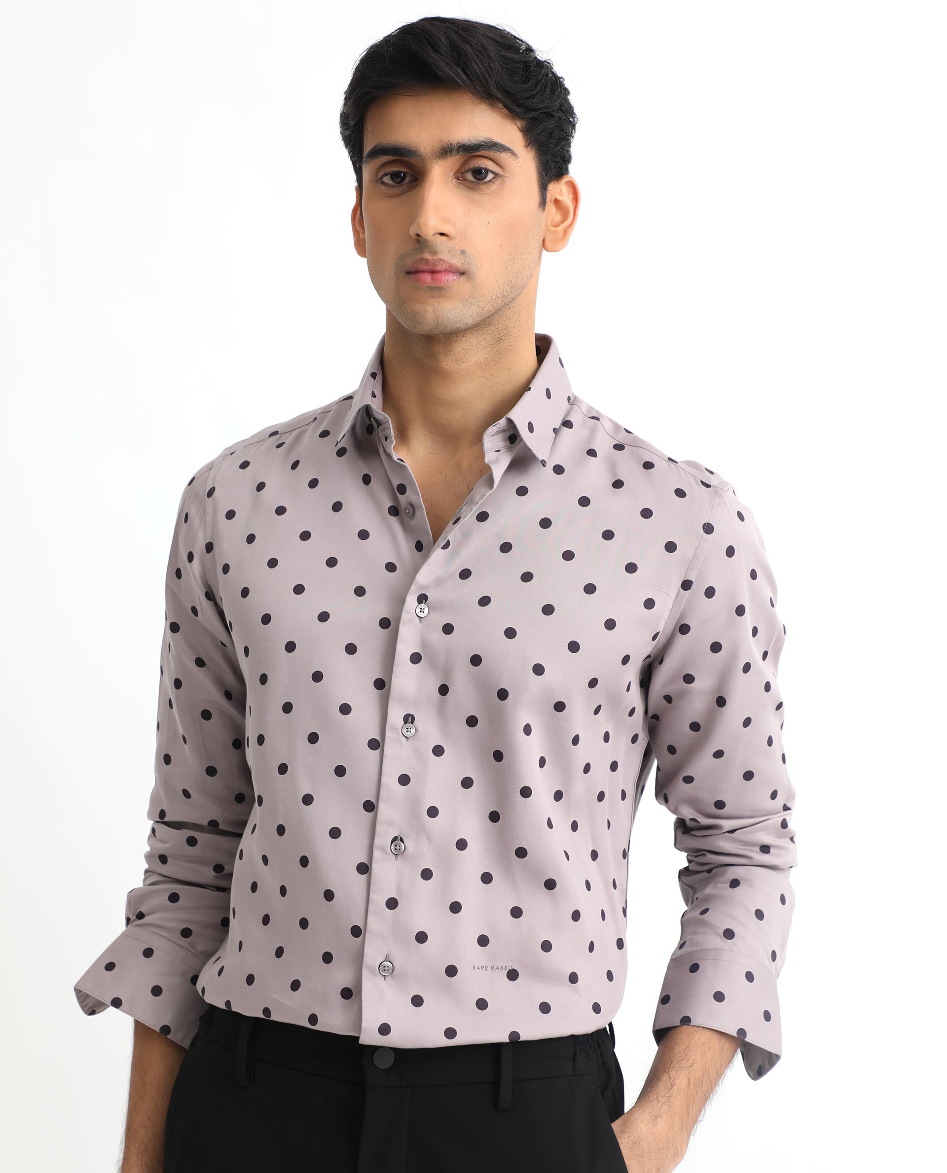 Rare Rabbit Men's Rish Pastel Purple Cotton Modal Fabric Polka Print Full Sleeves Shirt