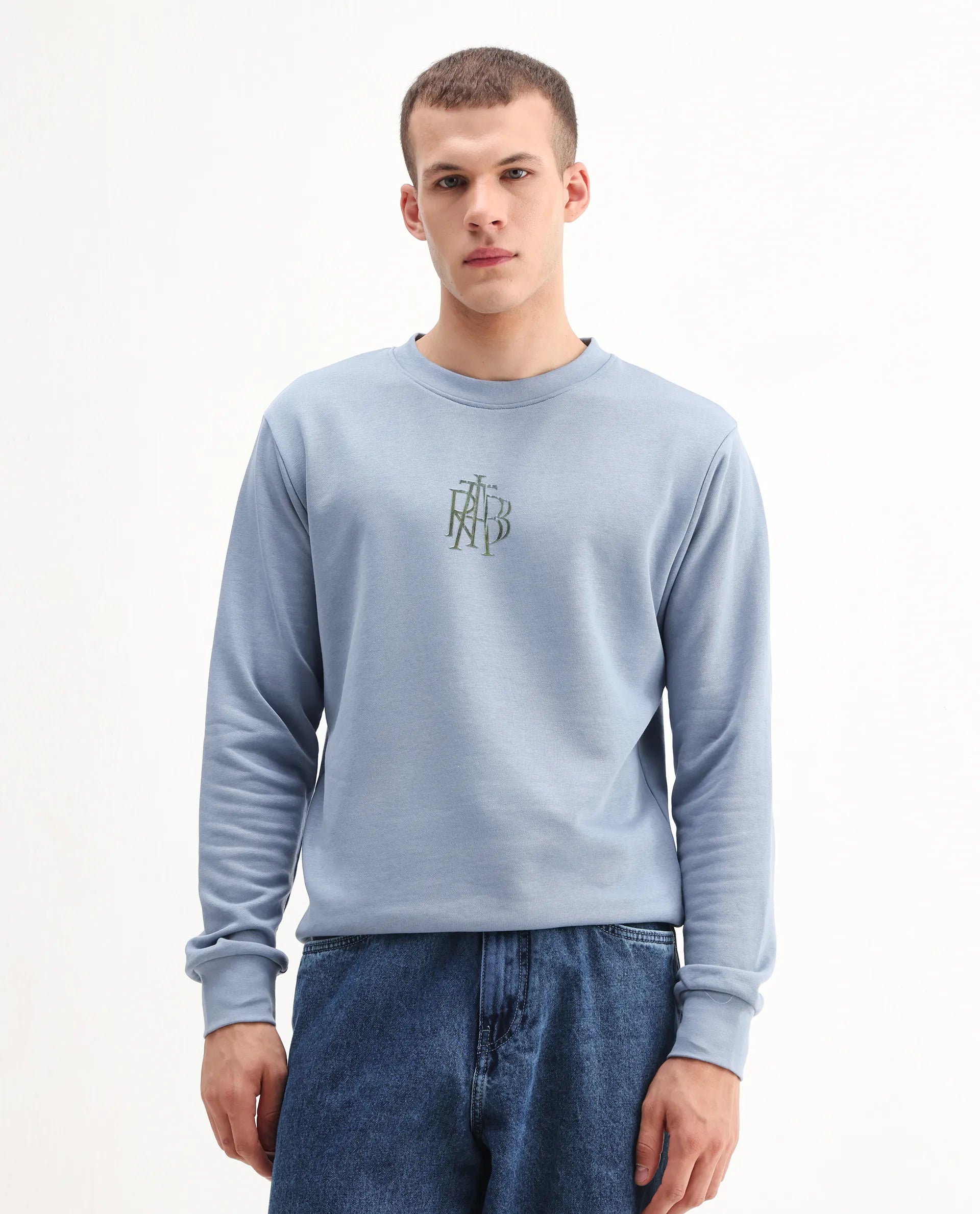 Rare Rabbit Men's Rick Dusky Blue Cotton Blend Graphic Print Regular Fit Full Sleeve Crew Neck Sweatshirt