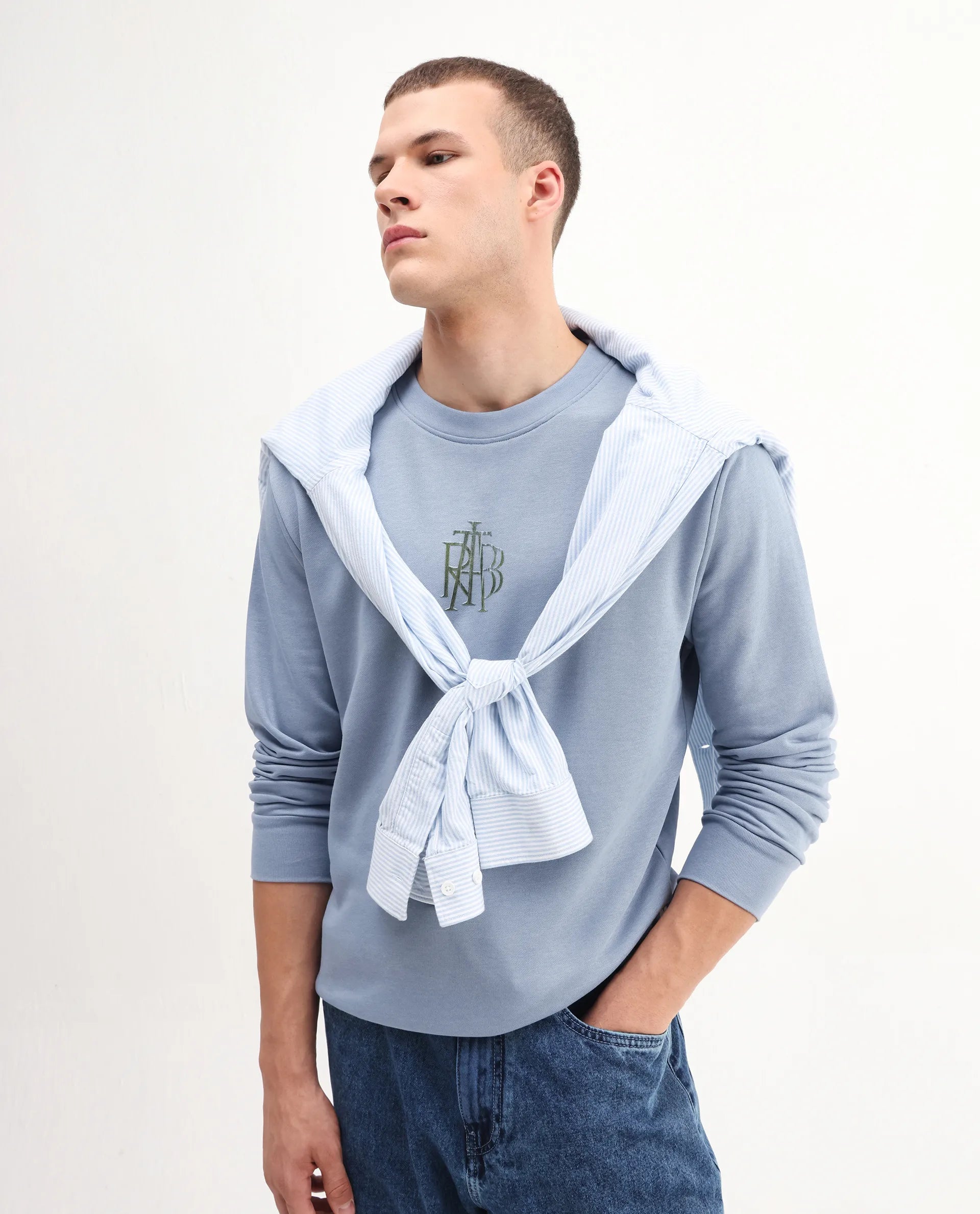 Rare Rabbit Men's Rick Dusky Blue Cotton Blend Graphic Print Regular Fit Full Sleeve Crew Neck Sweatshirt