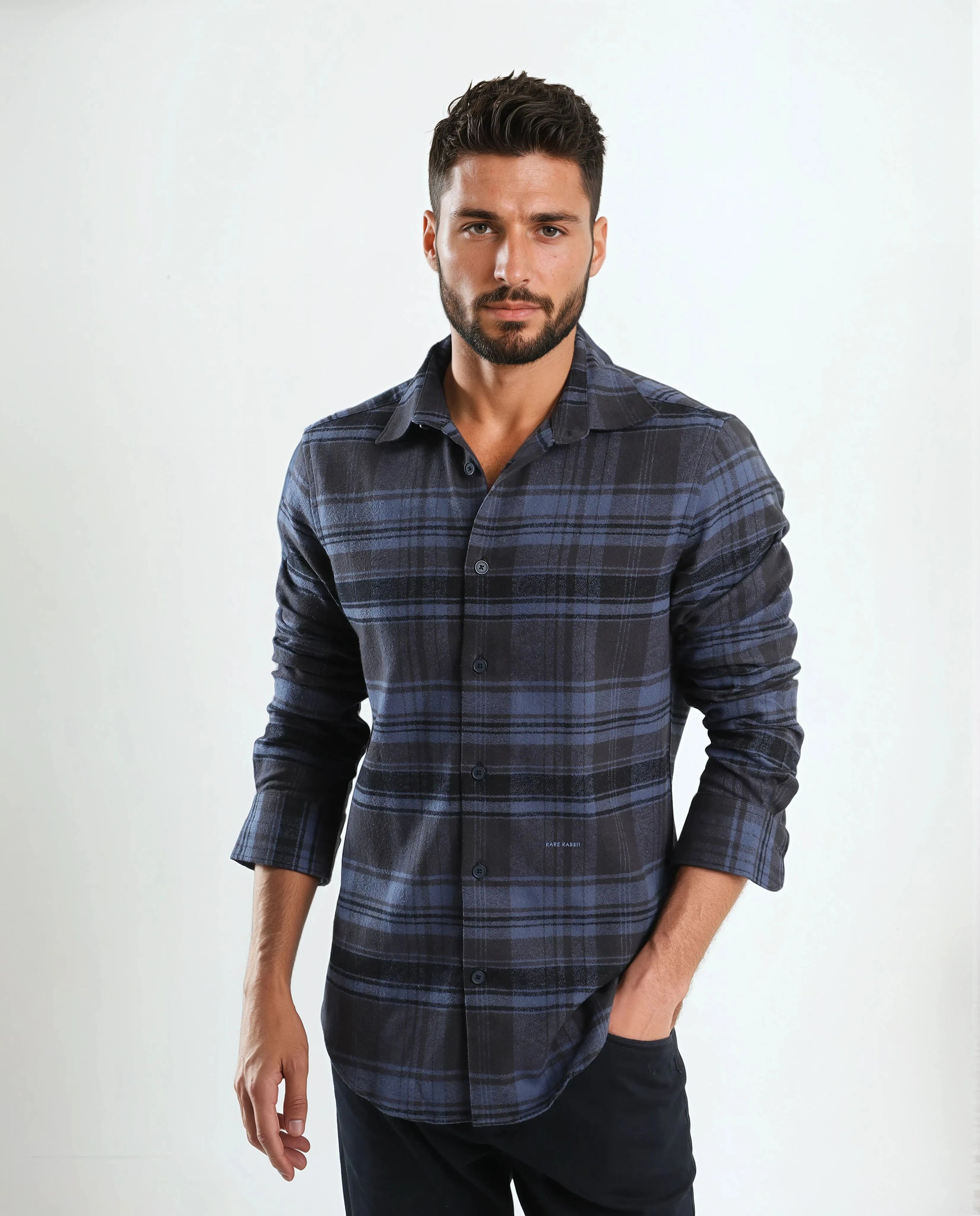 Rare Rabbit Men's Ricl Blue Cotton Checked Print Regular Fit Full Sleeve Collared Shirt