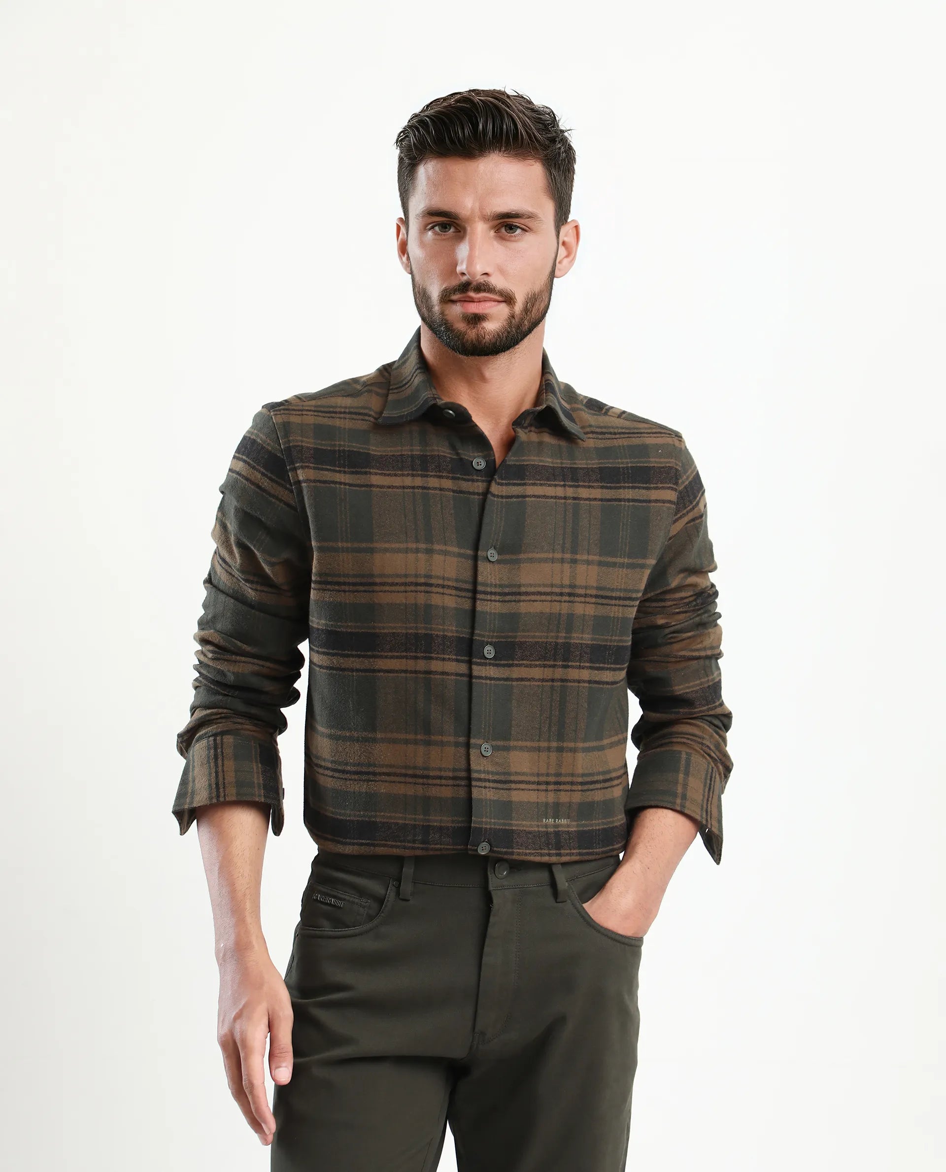 Rare Rabbit Men's Ricl Brown Cotton Checked Print Regular Fit Full Sleeve Collared Shirt