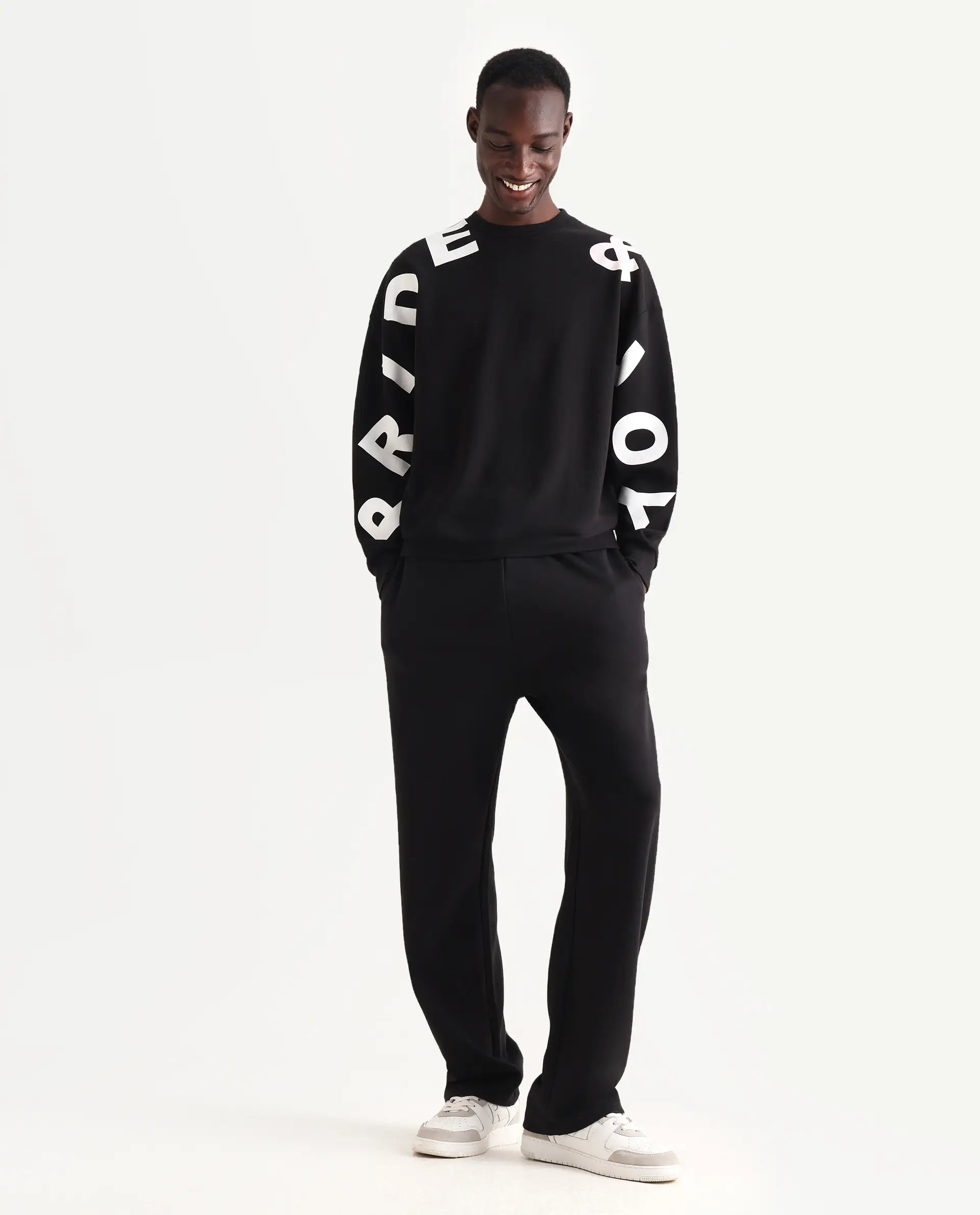 Rare Rabbit Men's Ricot Black Cotton Blend Typography Print Boxy Fit F