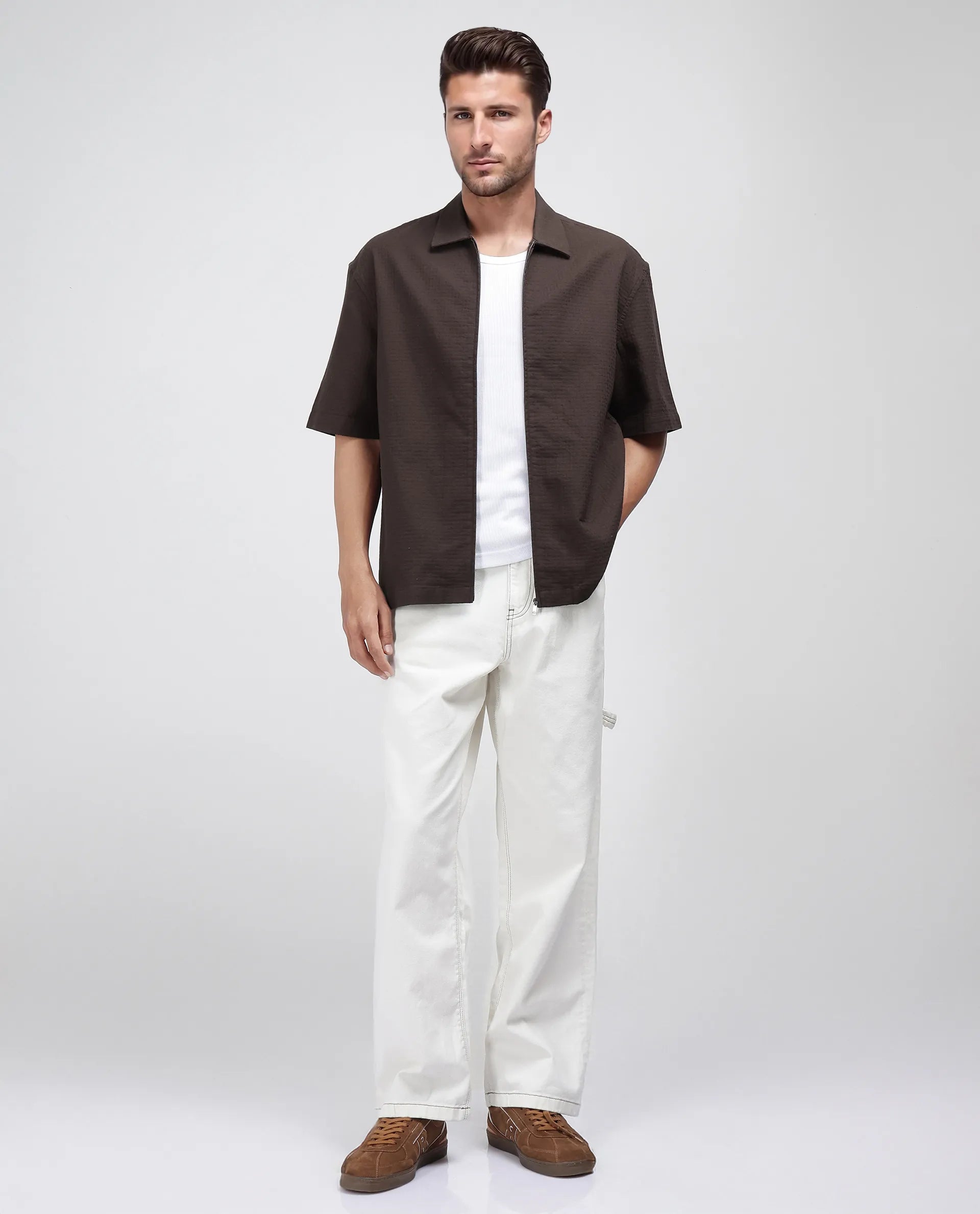 Rare Rabbit Men's Rics Dark Brown Cotton Fabric Short Sleeve Collared Neck Button Closure Printed Shirt