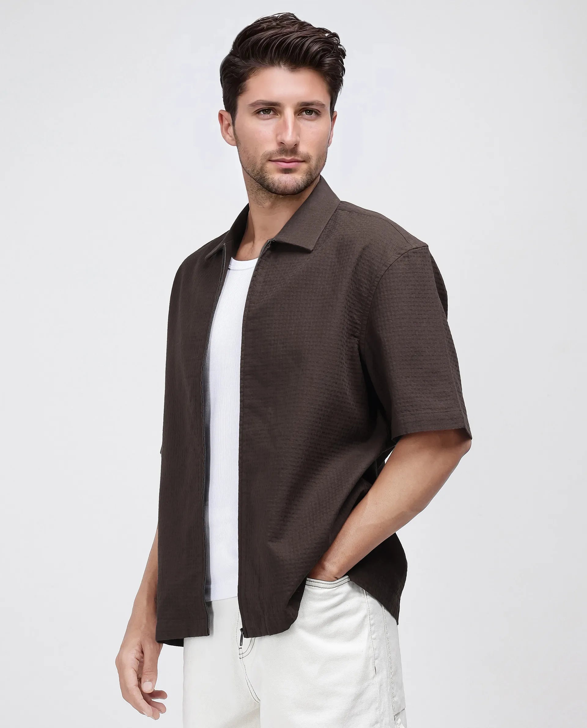 Rare Rabbit Men's Rics Dark Brown Cotton Fabric Short Sleeve Collared Neck Button Closure Printed Shirt