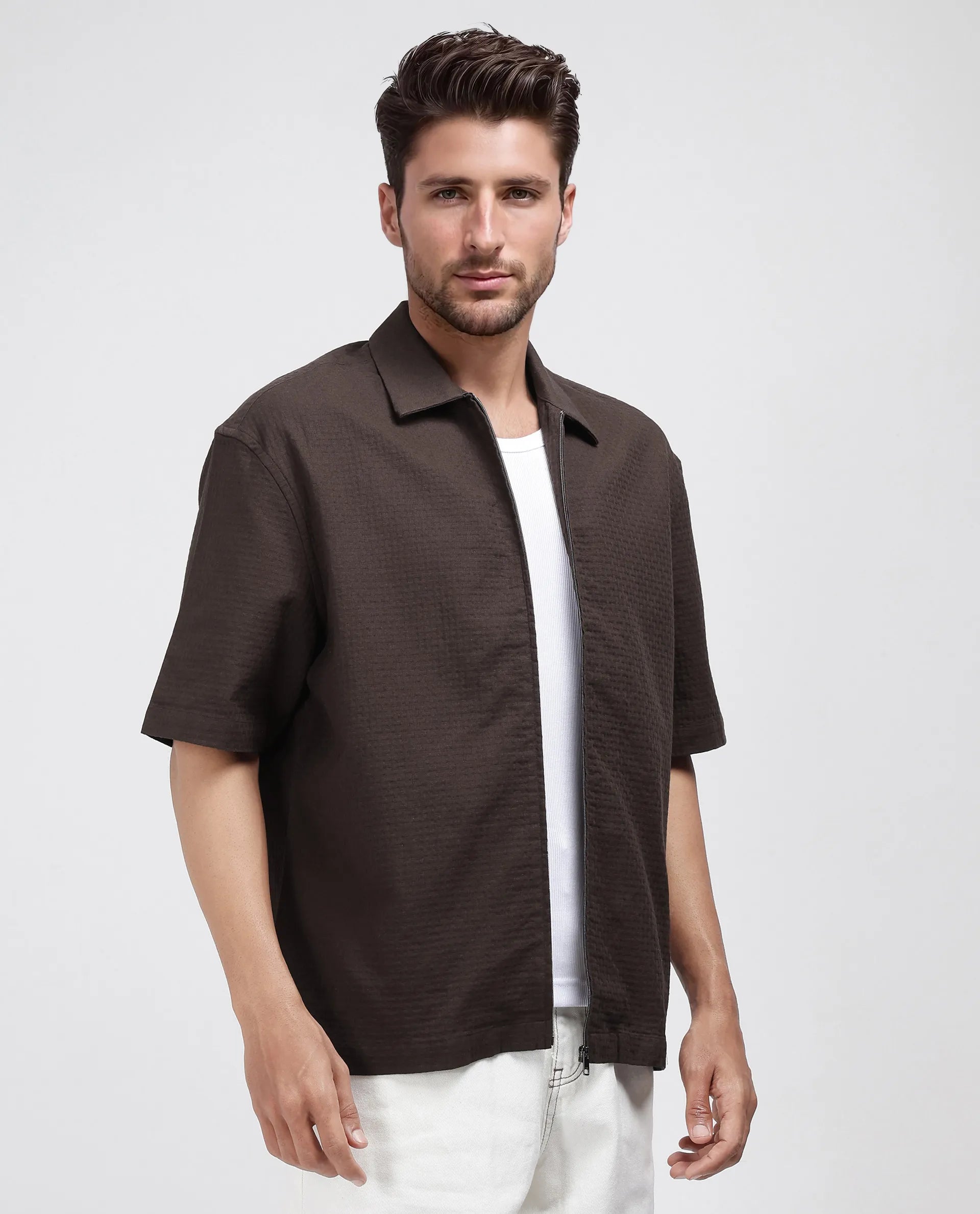 Rare Rabbit Men's Rics Dark Brown Cotton Fabric Short Sleeve Collared Neck Button Closure Printed Shirt