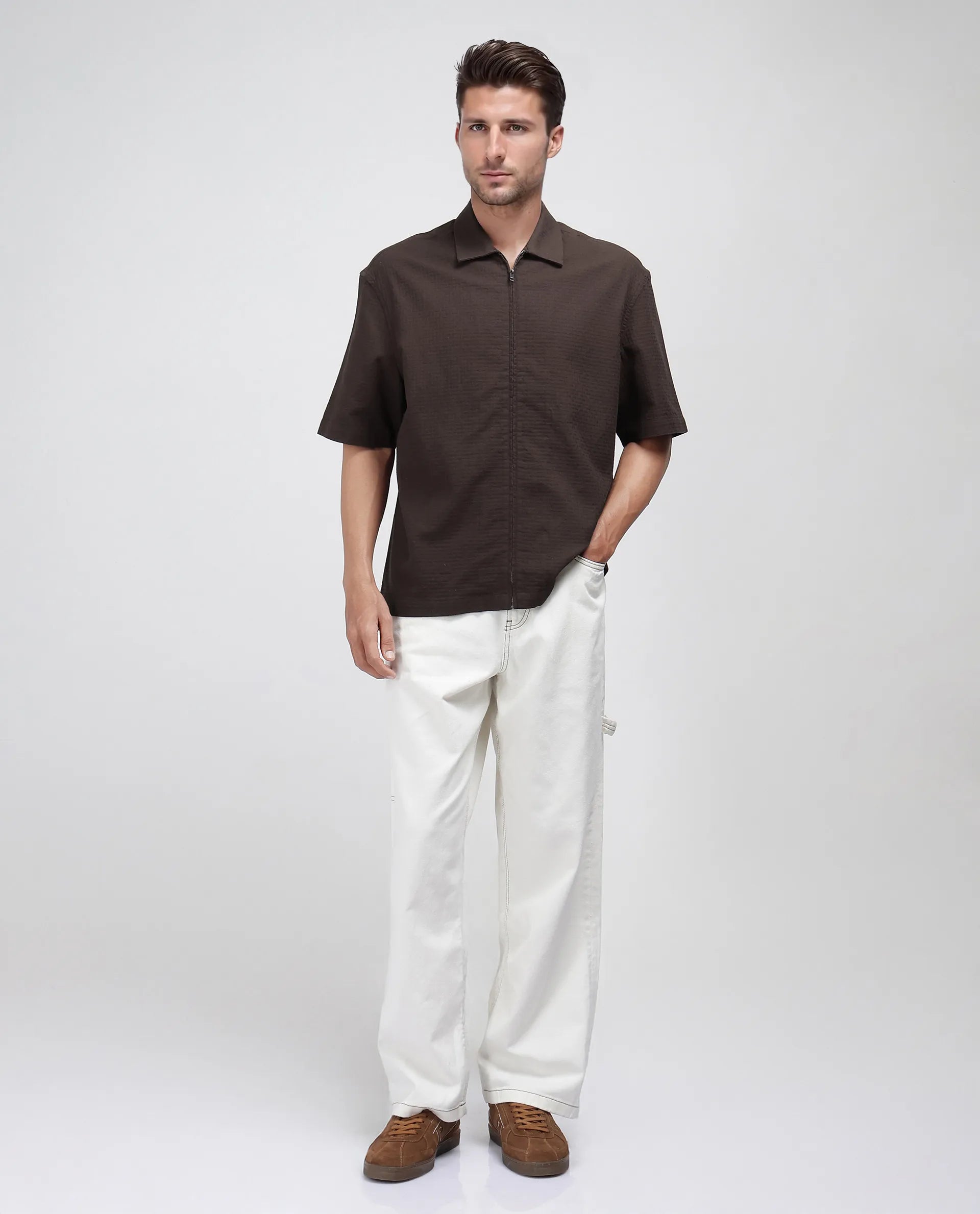 Rare Rabbit Men's Rics Dark Brown Cotton Fabric Short Sleeve Collared Neck Button Closure Printed Shirt