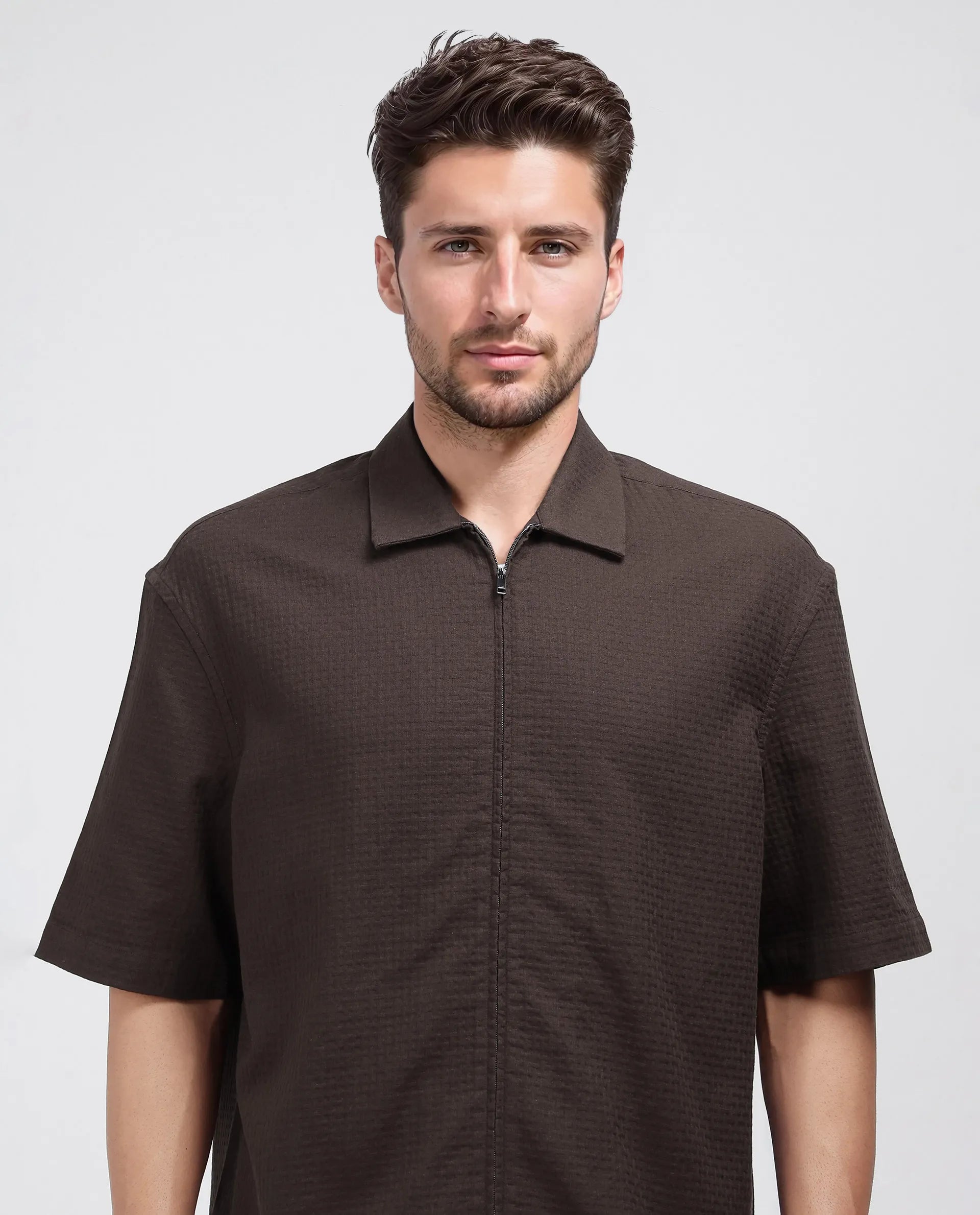 Rare Rabbit Men's Rics Dark Brown Cotton Fabric Short Sleeve Collared Neck Button Closure Printed Shirt