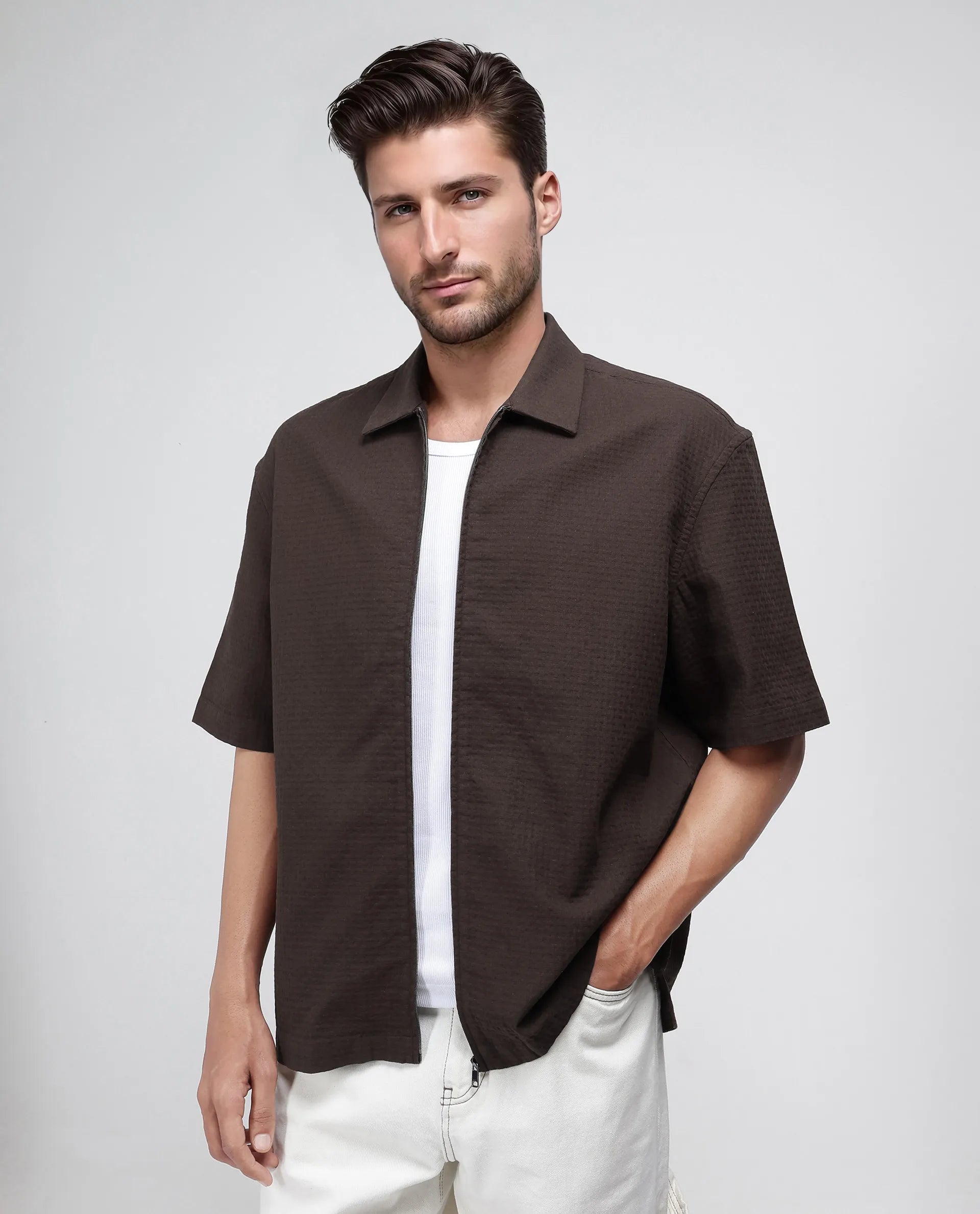 Rare Rabbit Men's Rics Dark Brown Cotton Fabric Short Sleeve Collared Neck Button Closure Printed Shirt