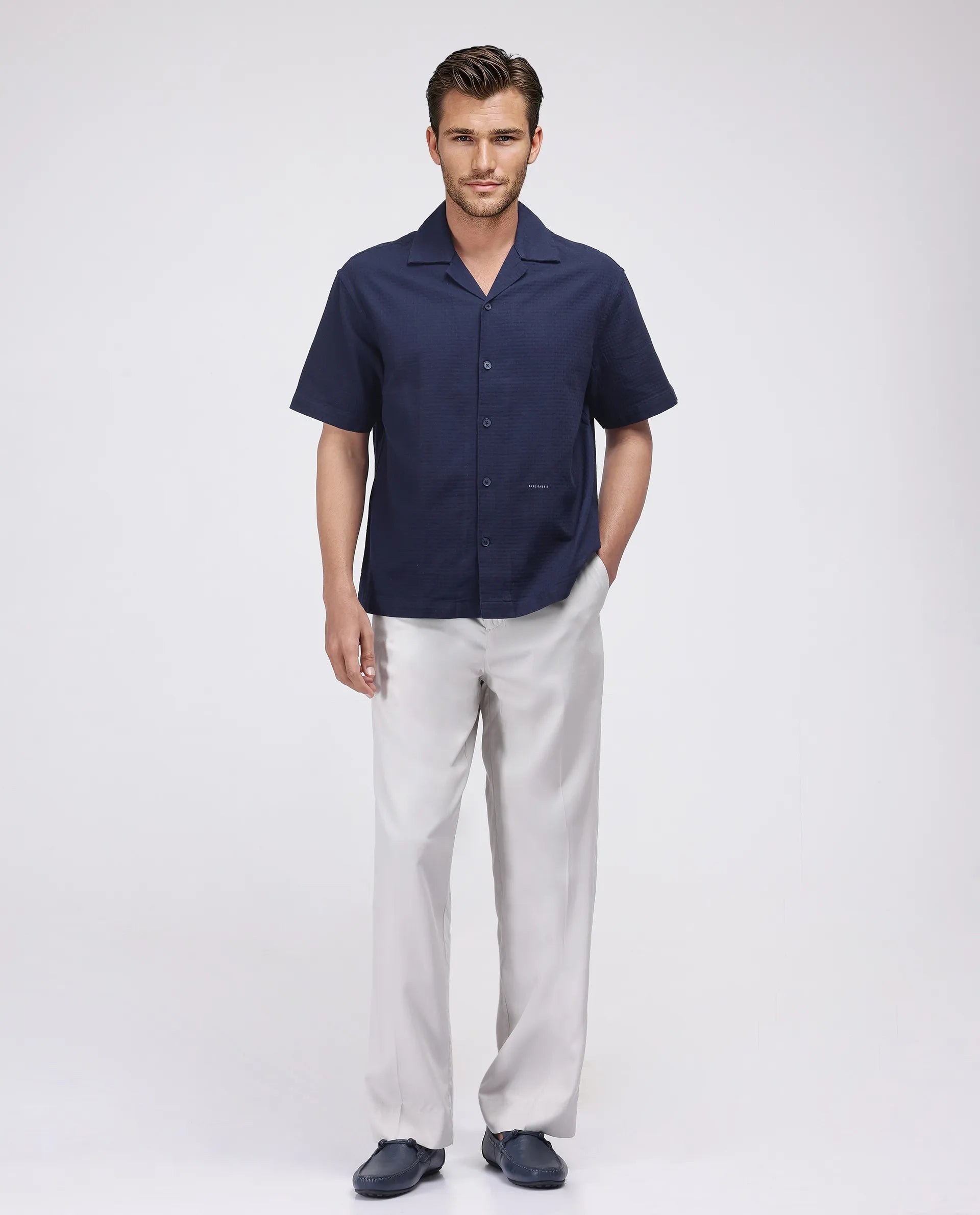 Rare Rabbit Men's Rics Navy Cotton Fabric Short Sleeve Cuban Collar Button Closure Textured Shirt