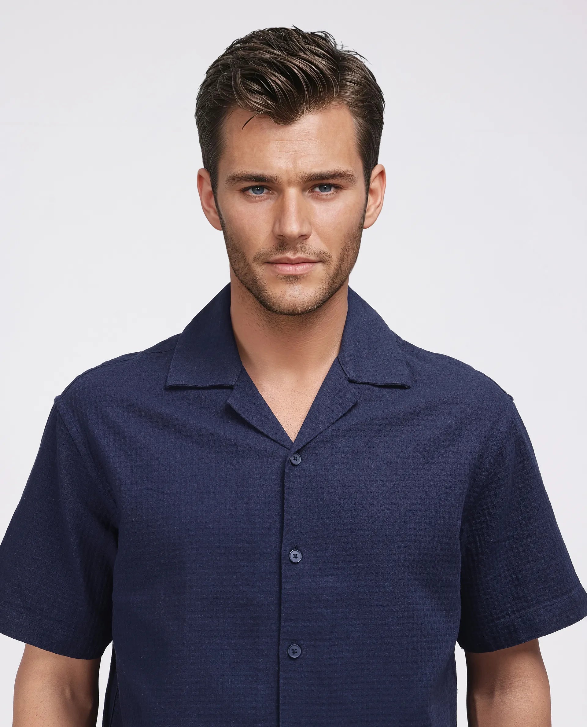 Rare Rabbit Men's Rics Navy Cotton Fabric Short Sleeve Cuban Collar Button Closure Textured Shirt