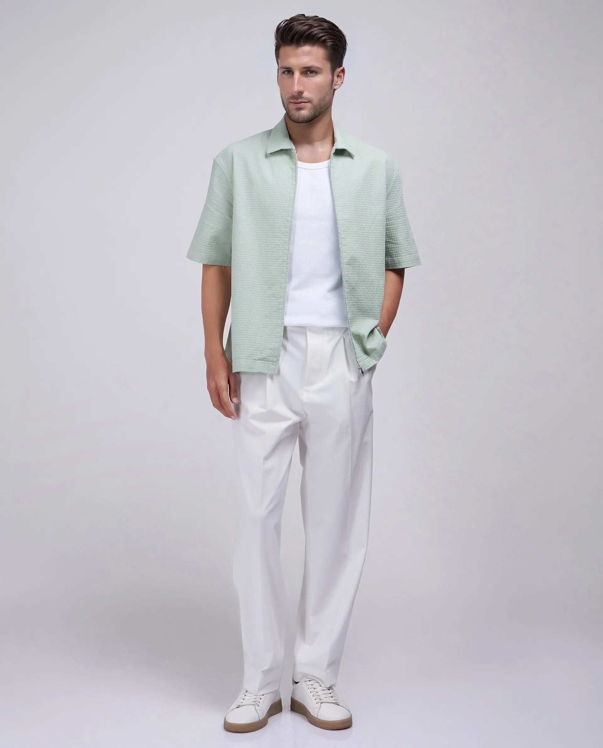 Rare Rabbit Men's Rics Pastel Green Cotton Fabric Short Sleeve Collared Neck Button Closure Printed Shirt