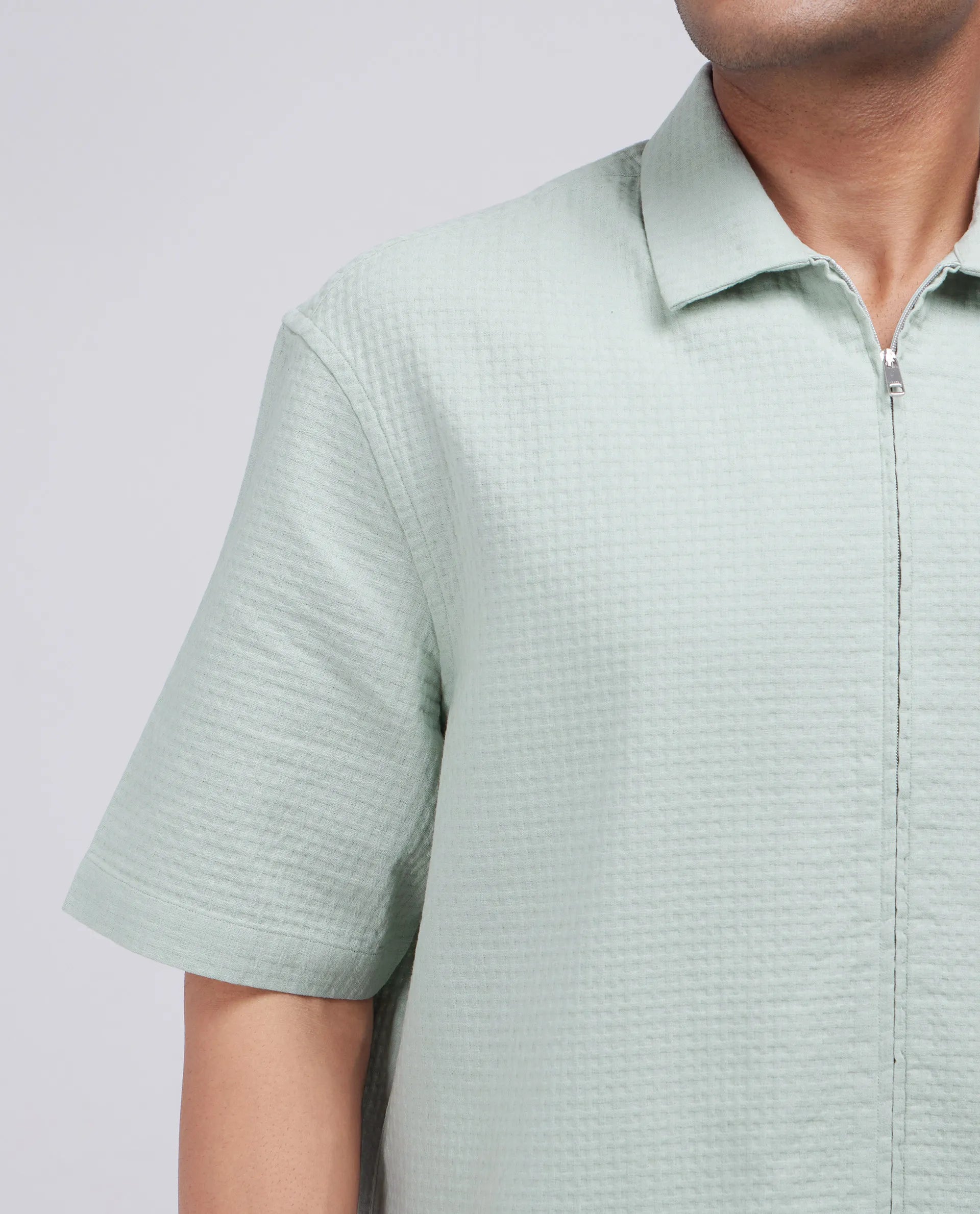 Rare Rabbit Men's Rics Pastel Green Cotton Fabric Short Sleeve Collared Neck Button Closure Printed Shirt