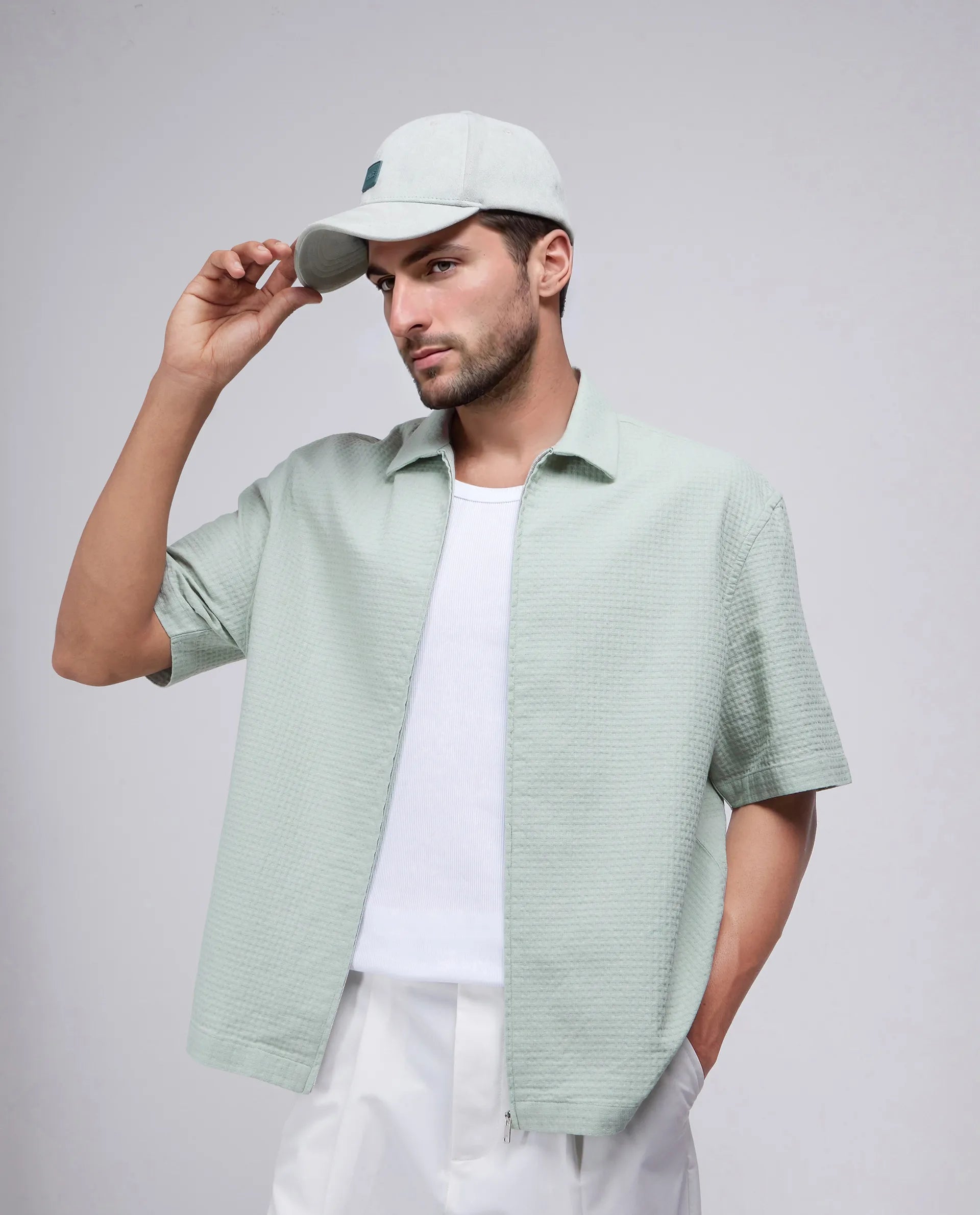 Rare Rabbit Men's Rics Pastel Green Cotton Fabric Short Sleeve Collared Neck Button Closure Printed Shirt