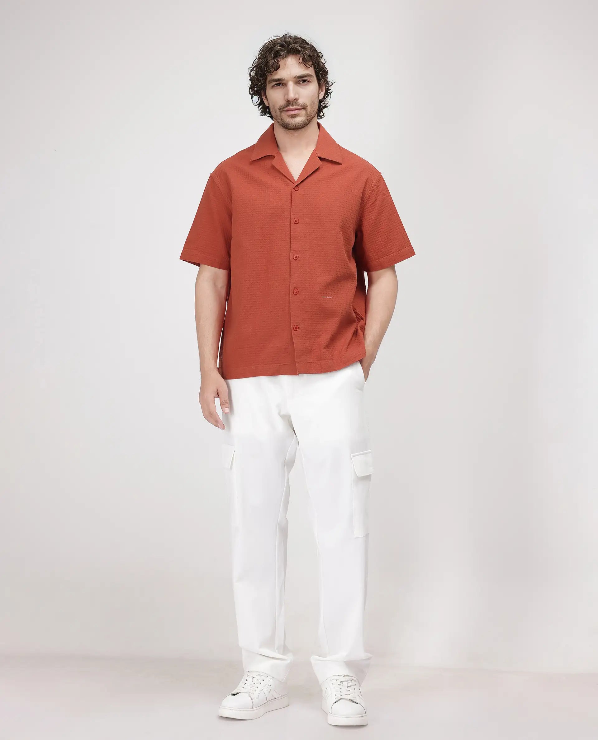 Rare Rabbit Men's Rics Rust Cotton Fabric Short Sleeve Cuban Collar Button Closure Textured Shirt