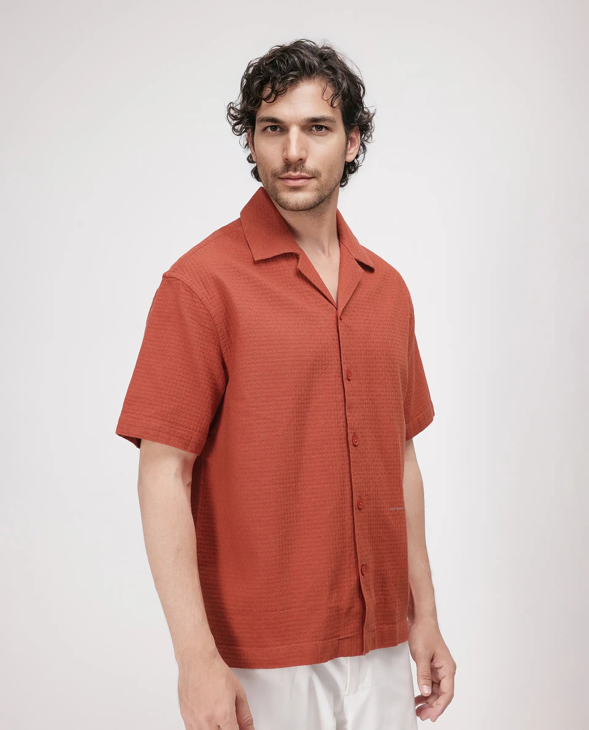 Rare Rabbit Men's Rics Rust Cotton Fabric Short Sleeve Cuban Collar Button Closure Textured Shirt